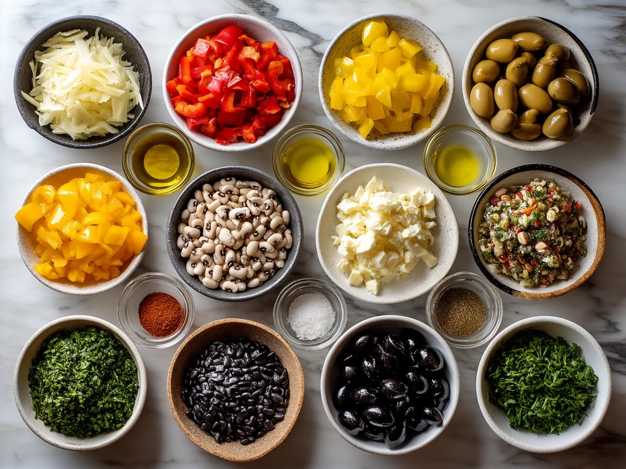Ingredients for Olive Salad with Black Eyed Peas including olives, black eyed peas, cucumber, tomatoes, and herbs