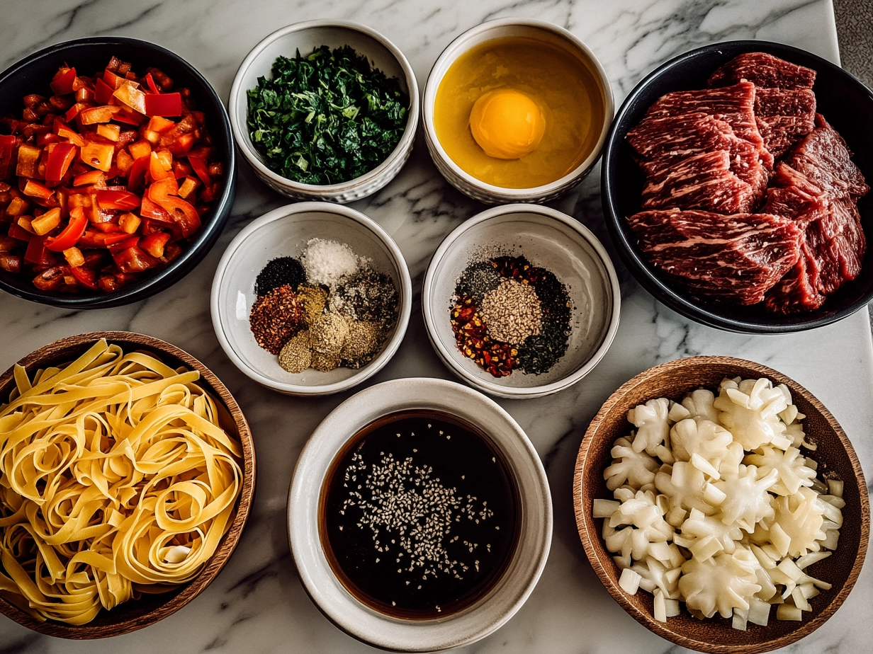 Ingredients laid out for One-Pan Spicy Honey Garlic Steak Pasta including steak, pasta, honey, garlic and spices