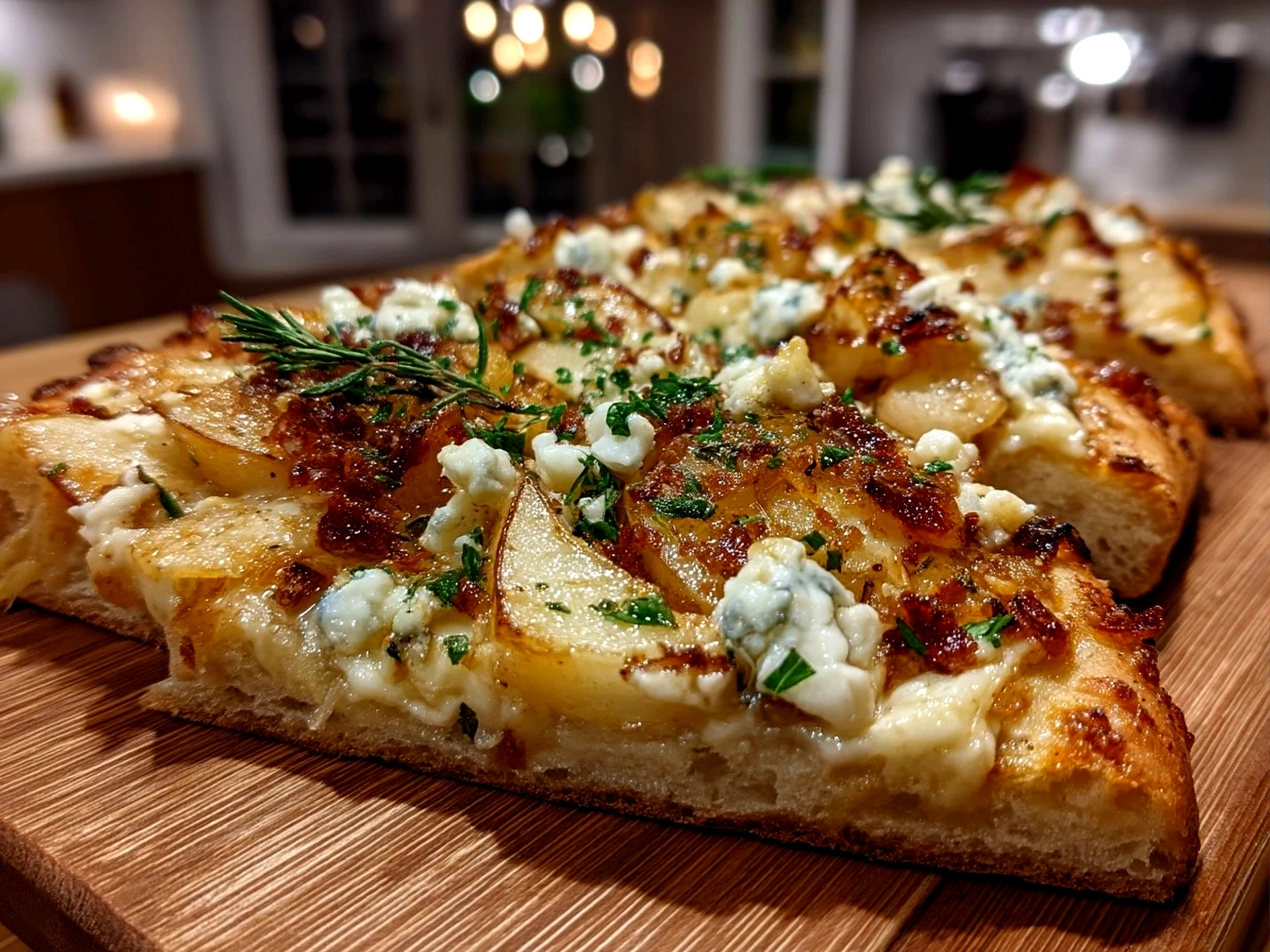 Freshly baked Pear Gorgonzola Flatbread sliced on a wooden board ready to serve
