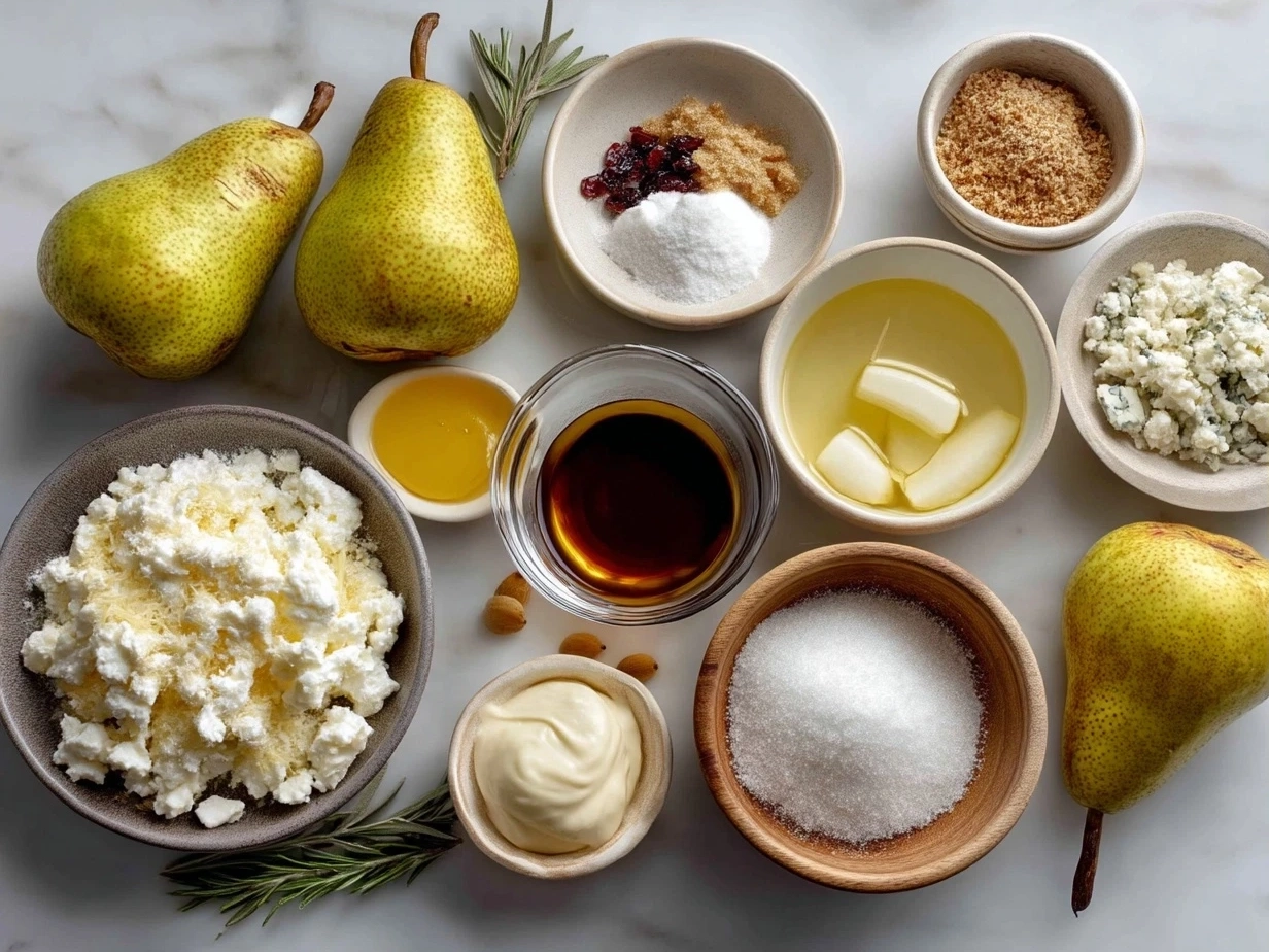 Ingredients for Pear Gorgonzola Flatbread laid out on a kitchen counter