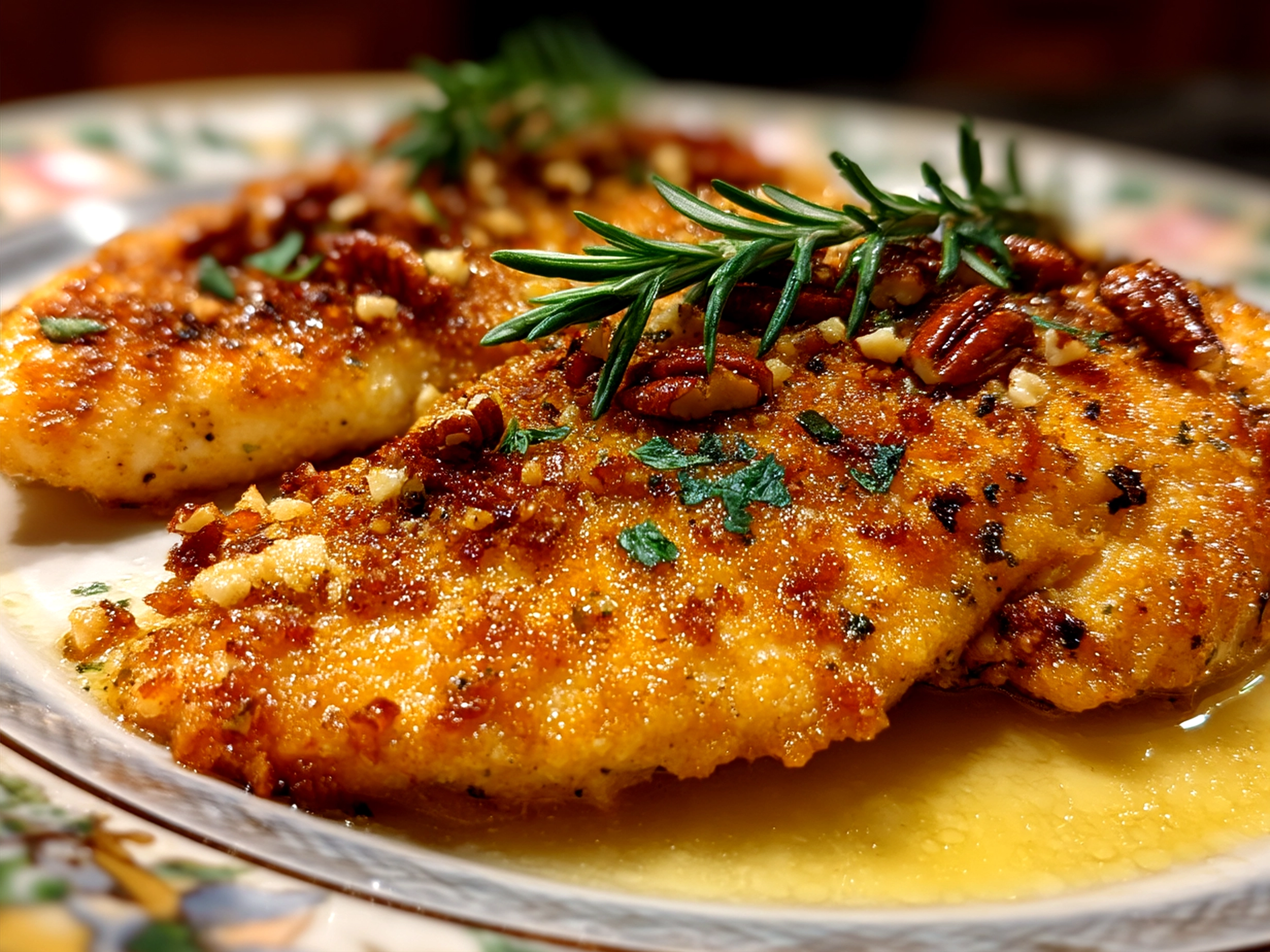Serving of golden baked Pecan Crusted Tilapia with fresh herbs and lemon wedges