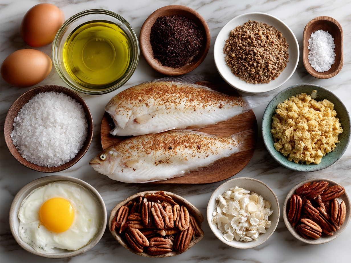Ingredients for Pecan Crusted Tilapia including tilapia fillets, pecans, panko, Parmesan, and spices