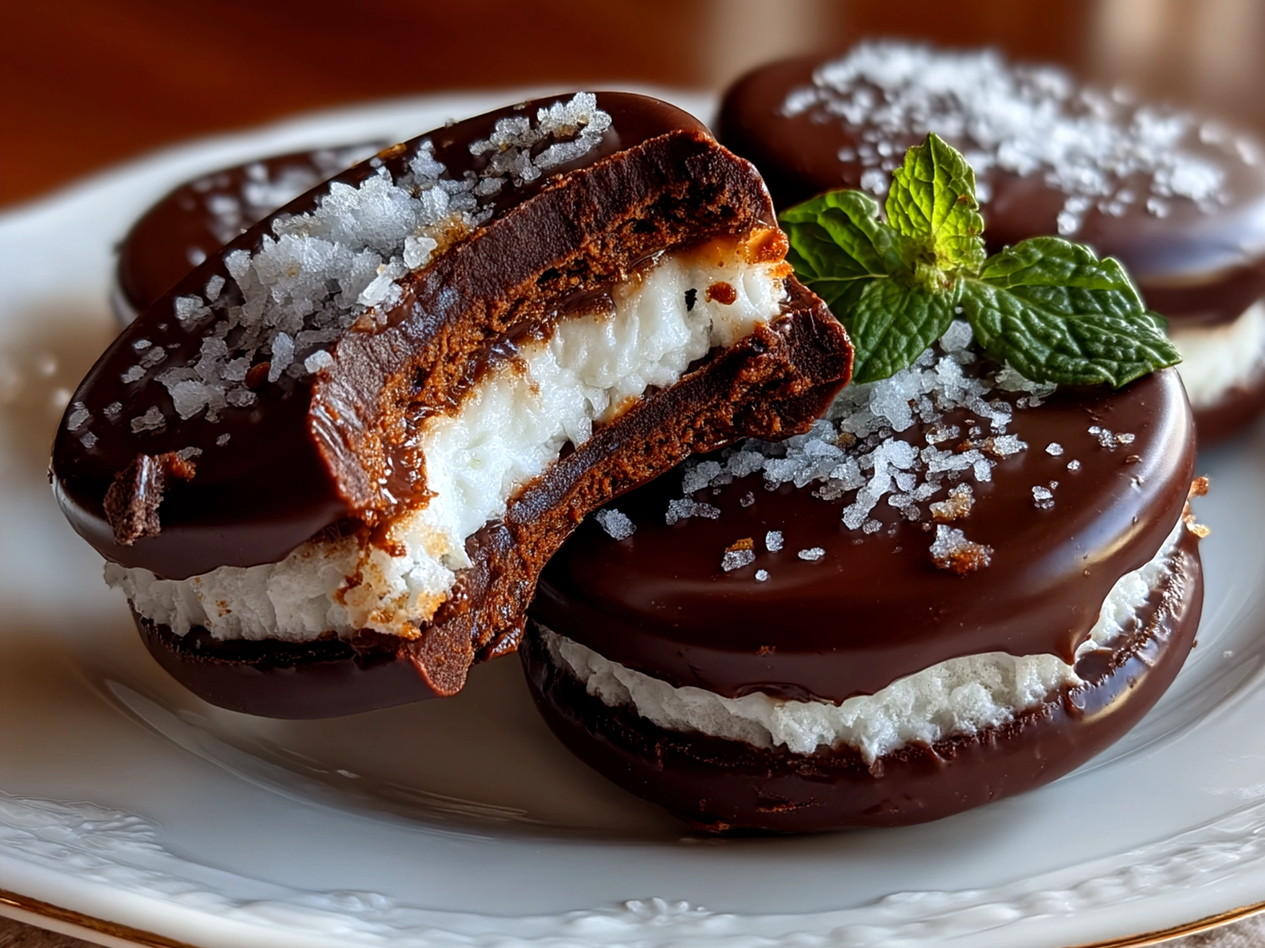 Plated homemade peppermint patties coated in chocolate, perfect for serving with coffee