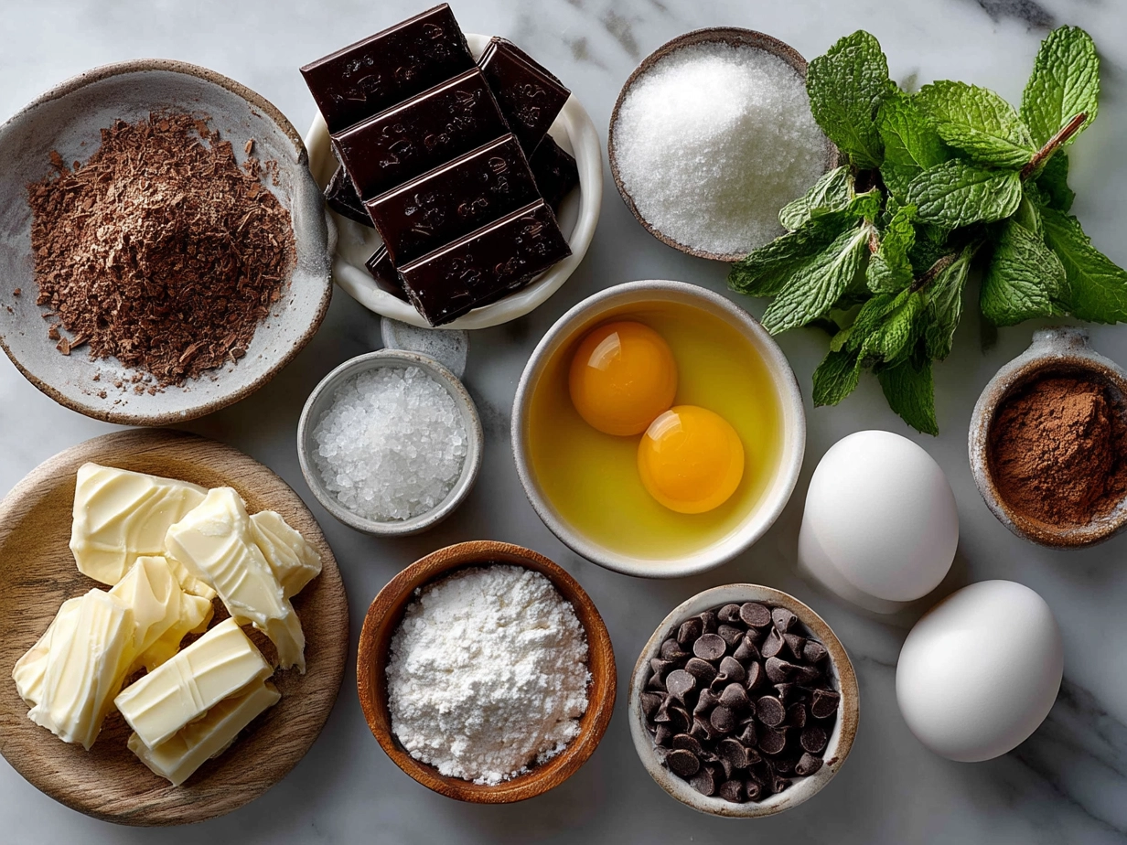 Ingredients for homemade peppermint patties including powdered sugar, butter, chocolate, and peppermint extract
