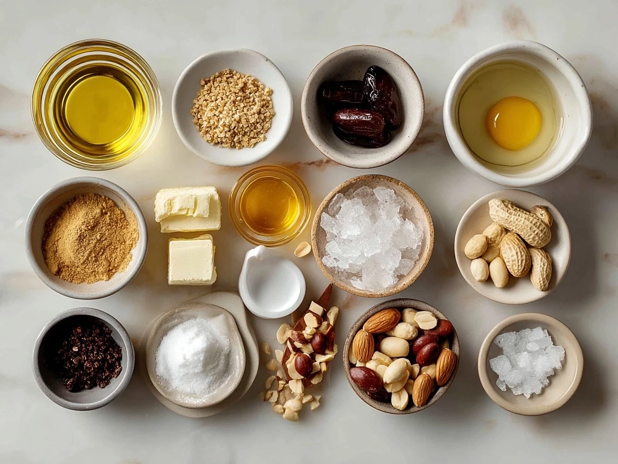Raw ingredients for African peanut soup neatly arranged on white marble