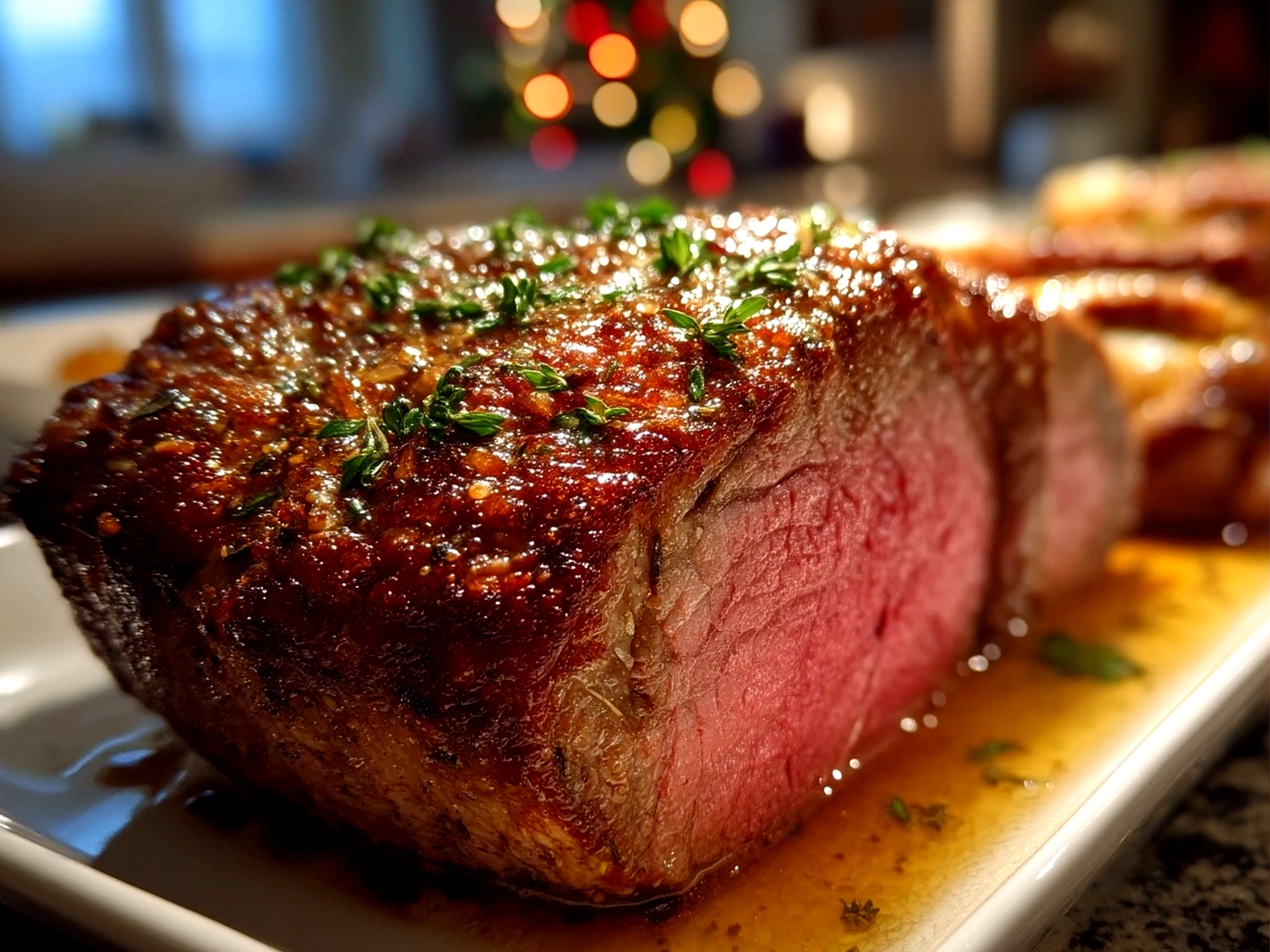 Serving roast beef in the oven with roasted vegetables and fresh herbs