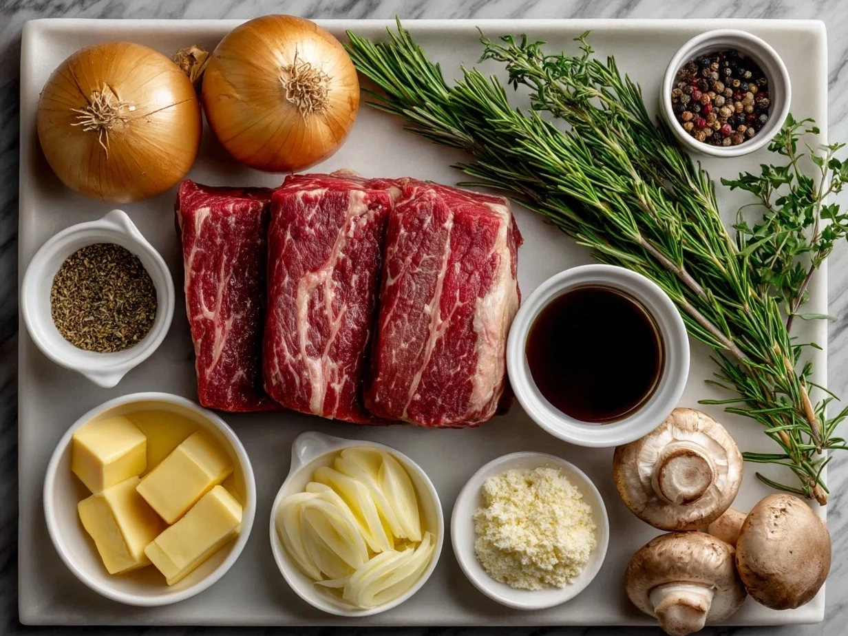 Ingredients for roast beef in the oven including beef roast, garlic, herbs, onion and beef broth