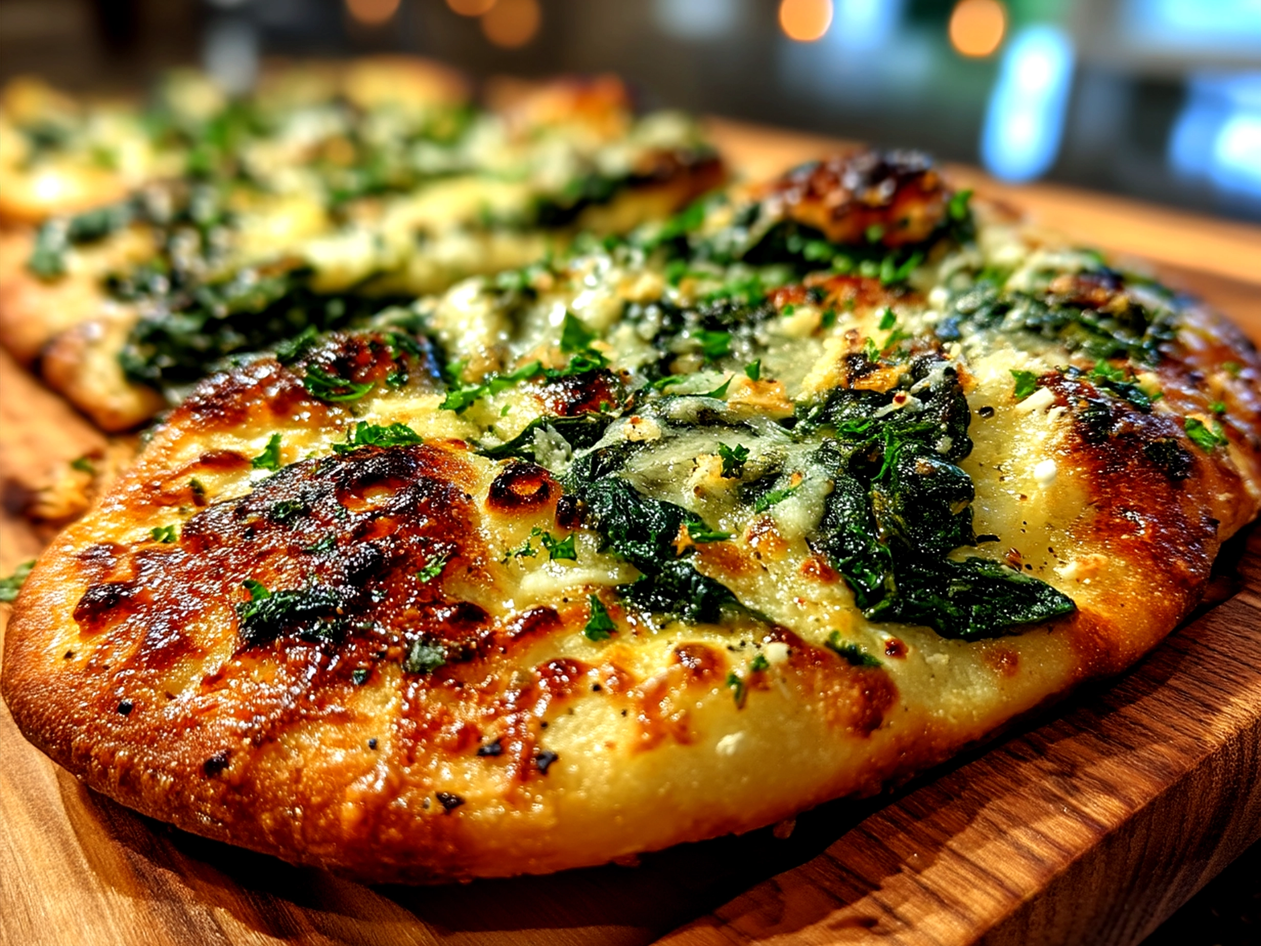 Freshly baked Roasted Garlic Spinach Flatbread served on wooden board with salad