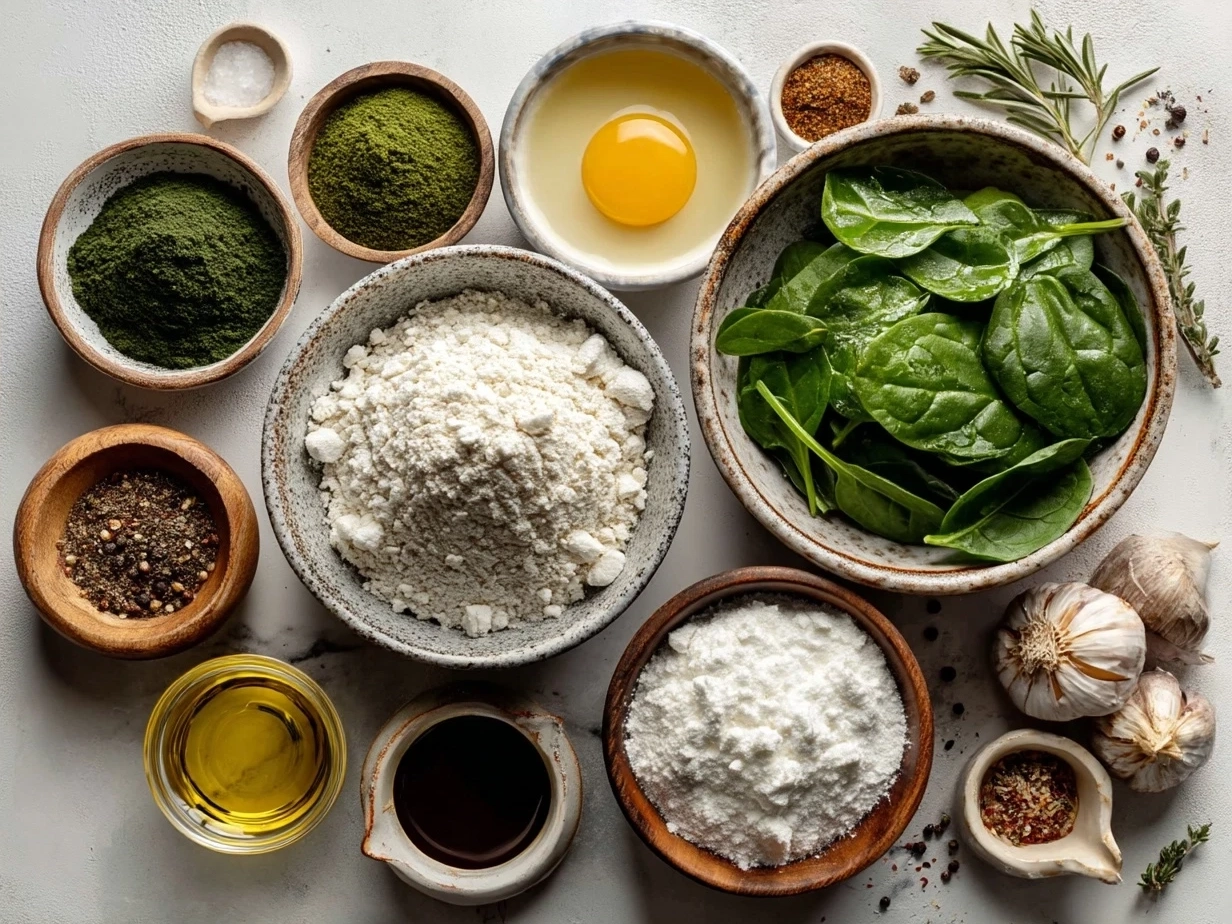 Ingredients for Roasted Garlic Spinach Flatbread including fresh garlic, spinach, flour, mozzarella cheese, and olive oil