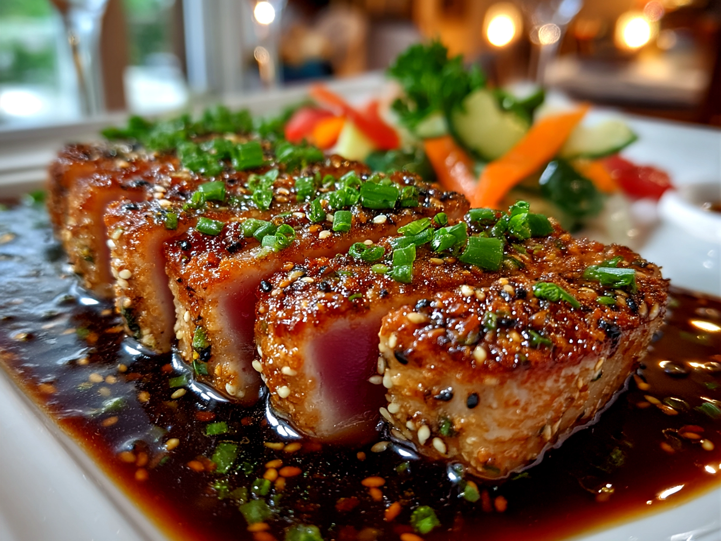 Serving plate of Sesame Crusted Ahi Tuna with wasabi dipping sauce and side dishes