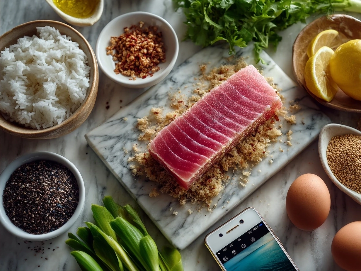 Ingredients for Sesame Crusted Ahi Tuna including ahi tuna steaks, black and white sesame seeds, olive oil, and ingredients for wasabi dipping sauce
