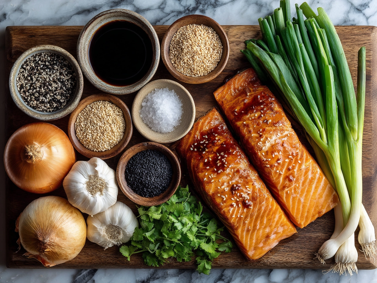Ingredients for Sheet Pan Teriyaki Salmon including salmon fillets, broccoli, bell pepper, red onion, garlic, ginger, and teriyaki glaze