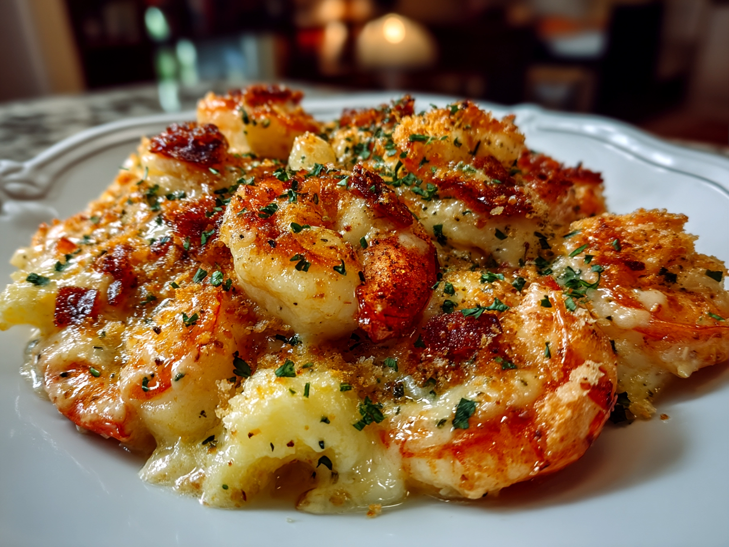 Golden baked shrimp casserole fresh out of the oven served with a green salad