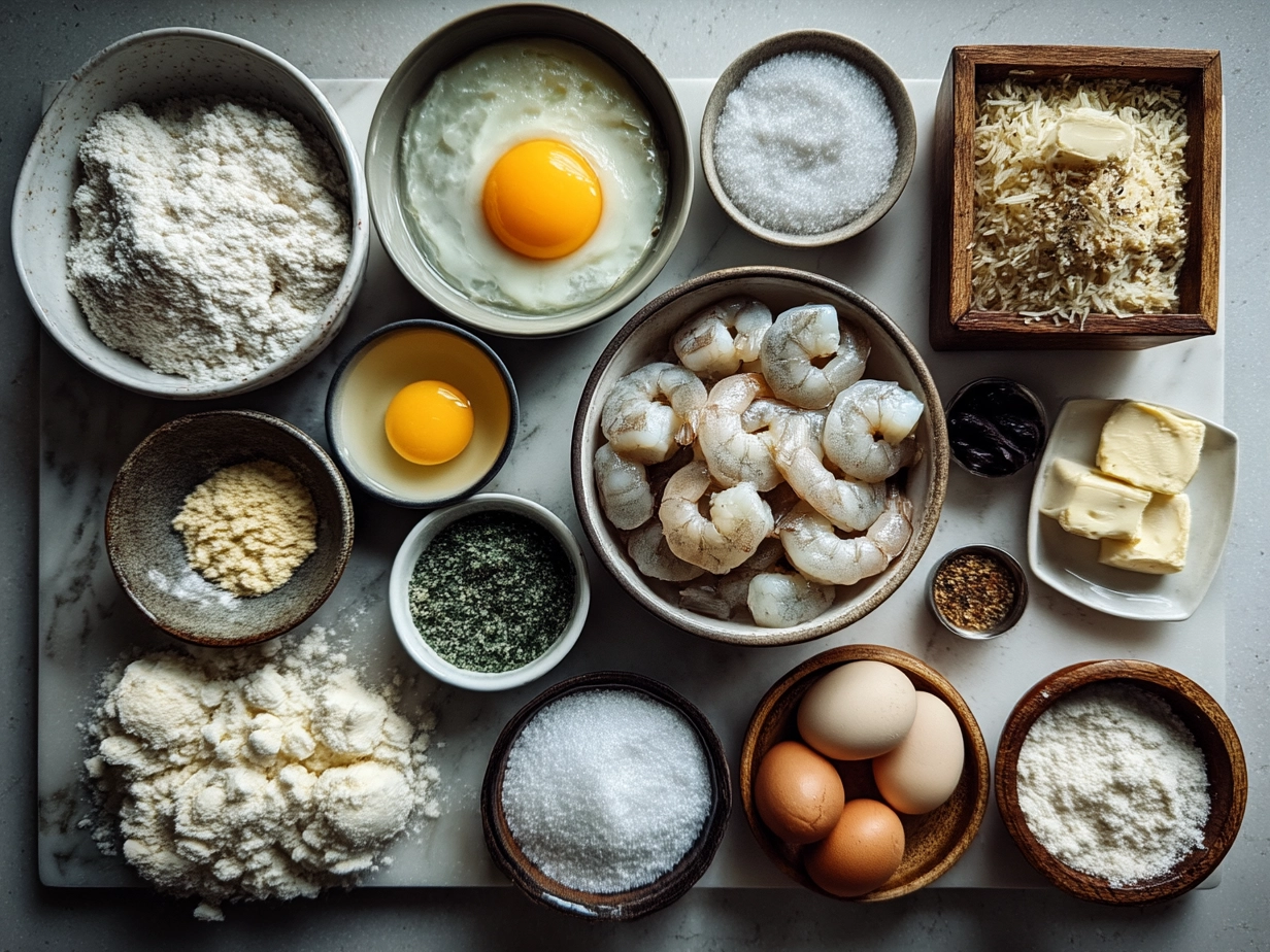 Ingredients for shrimp casserole laid out including shredded cheeses, shrimp, cream of mushroom soup, and vegetables