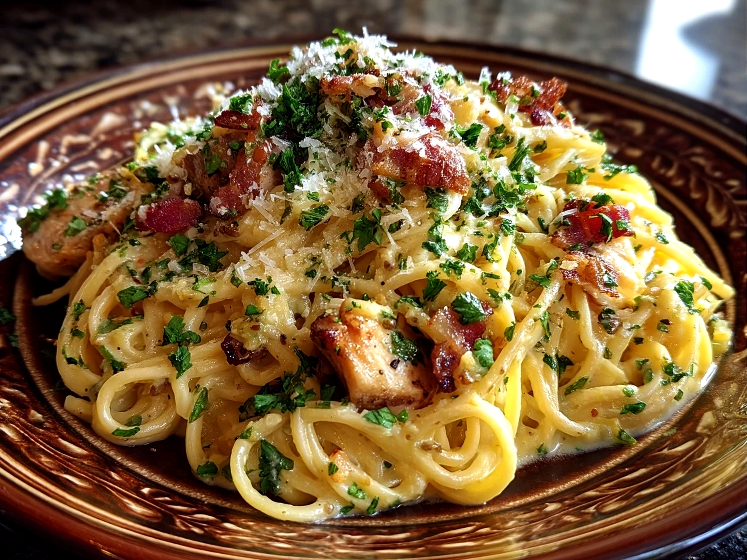 Close up of finished Chicken Carbonara in serving dish