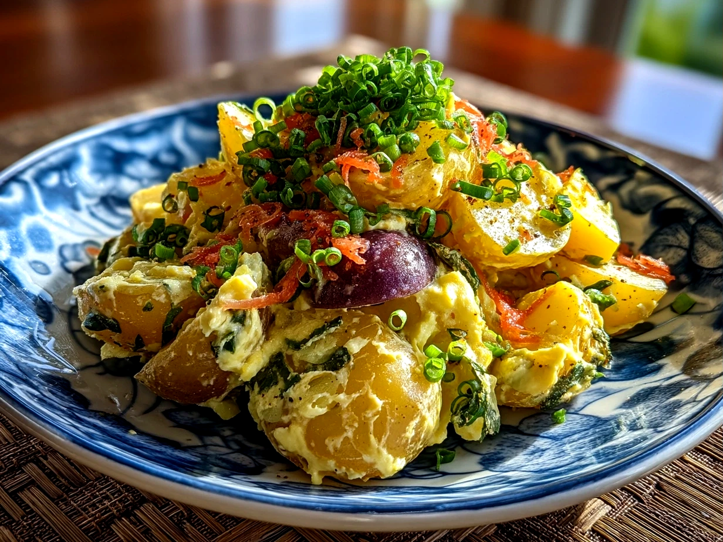 Close-up of a comforting bowl of creamy Japanese Potato Salad with cucumber and carrot
