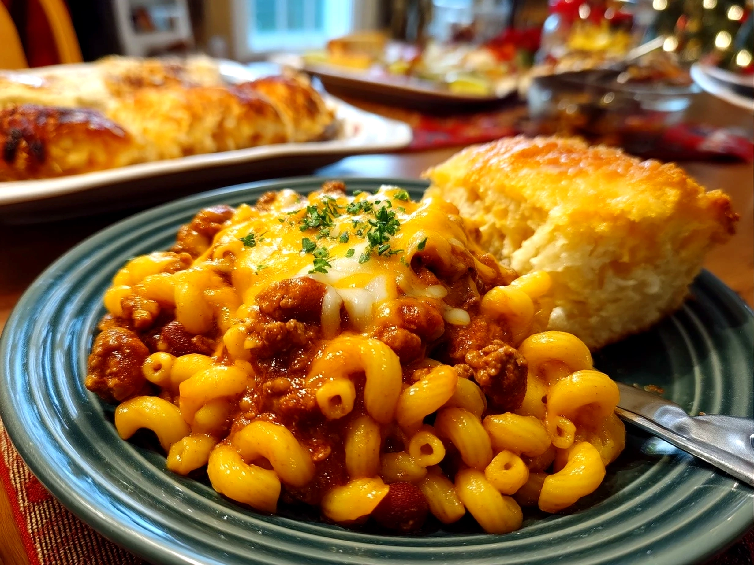 Slight angle close up of finished creamy One Pot Chili Mac and Cheese served in a bowl
