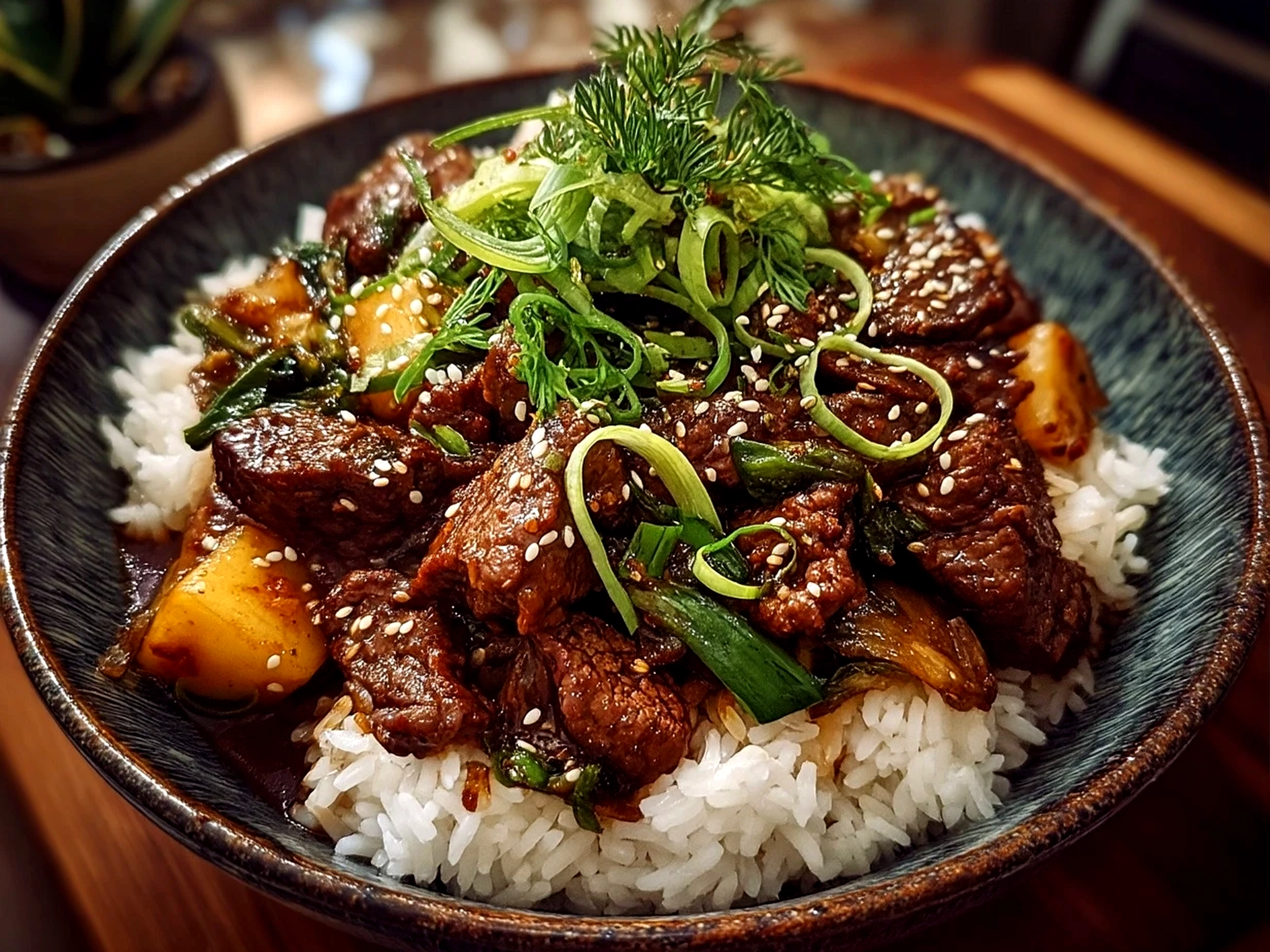 Slight angle close-up of finished delicious Korean BBQ Beef
