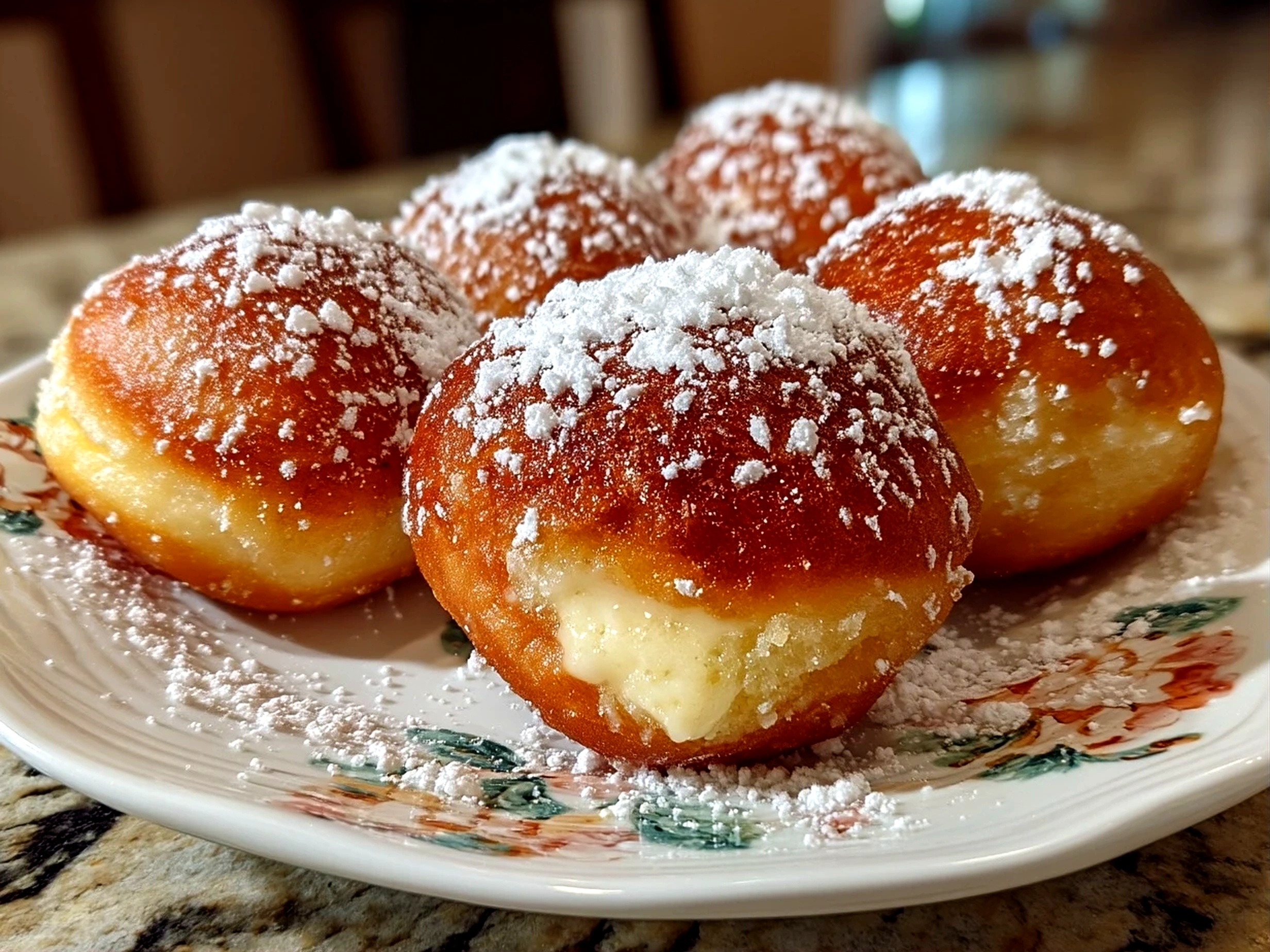 Close up of finished Italian Bomboloni Cream Donuts with powdered sugar dusted on top