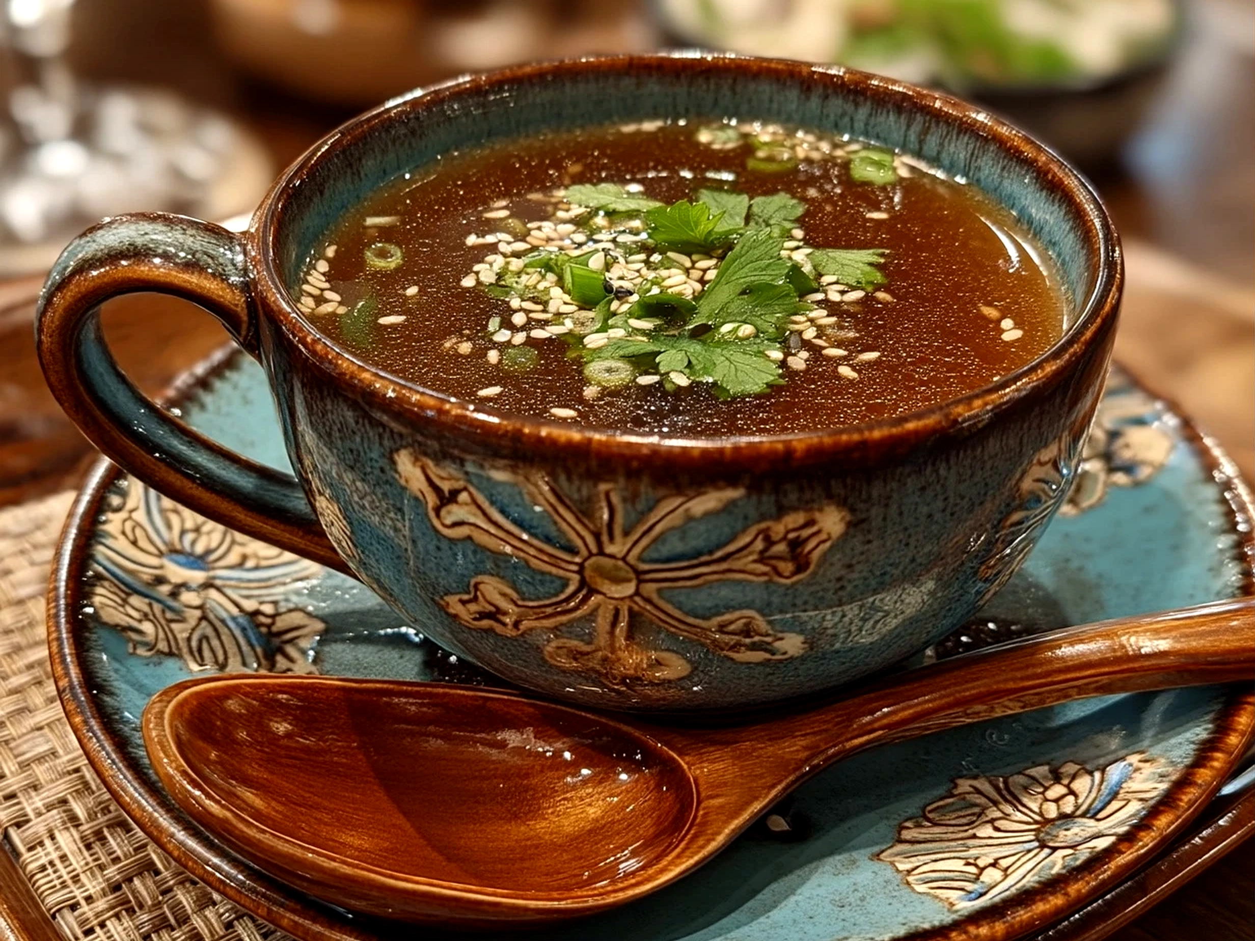 Slight angle close up finished Japanese Onion Soup