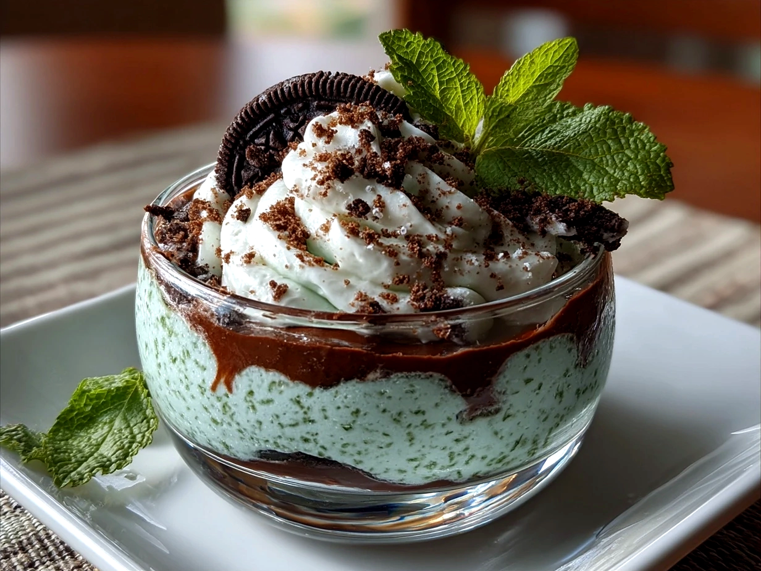 Close-up of finished Mint Oreo Parfaits served with fresh garnish
