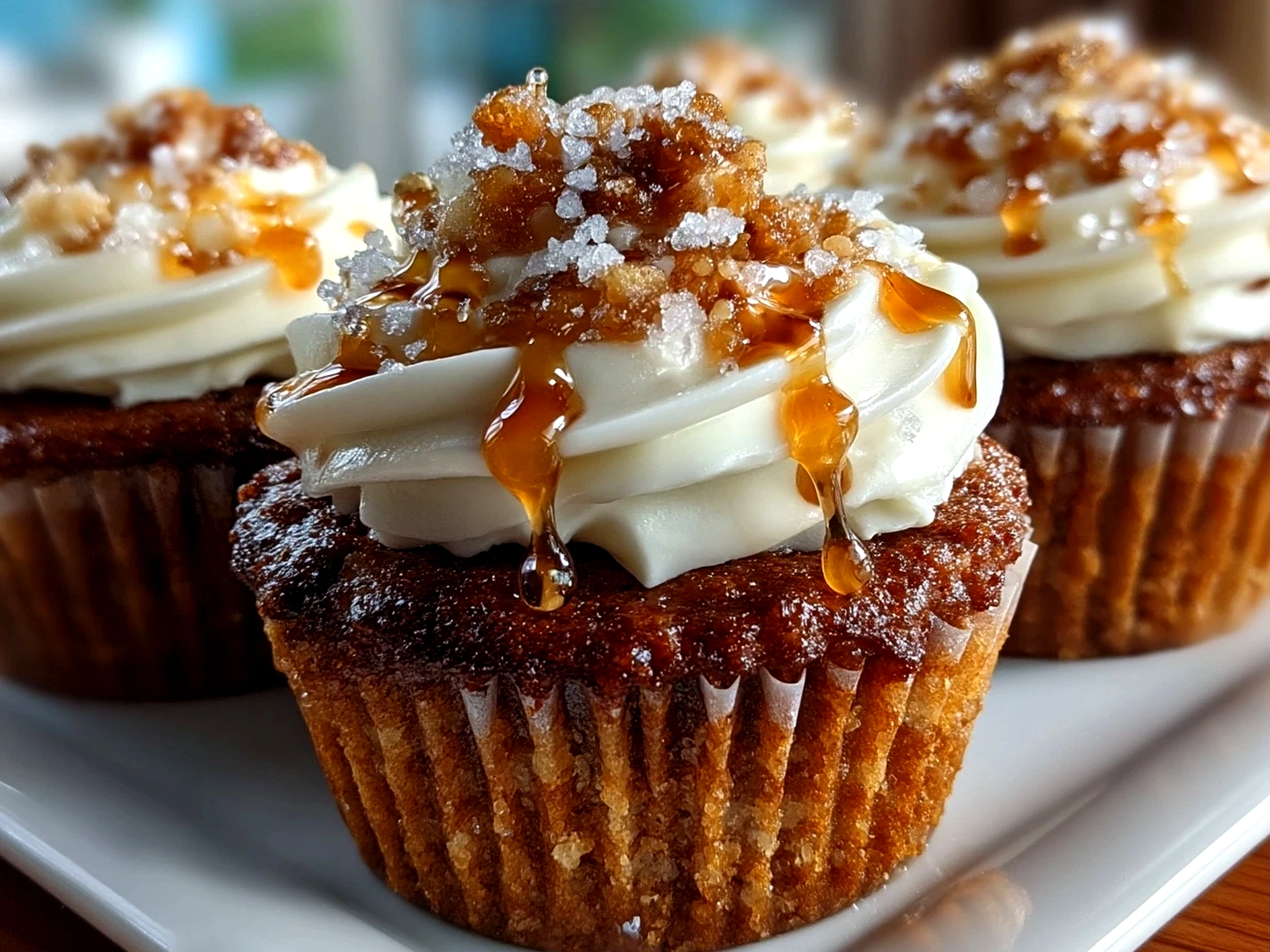 Slight angle close-up of finished Toffee Crunch Cupcakes showing toffee buttercream frosting and crunchy topping