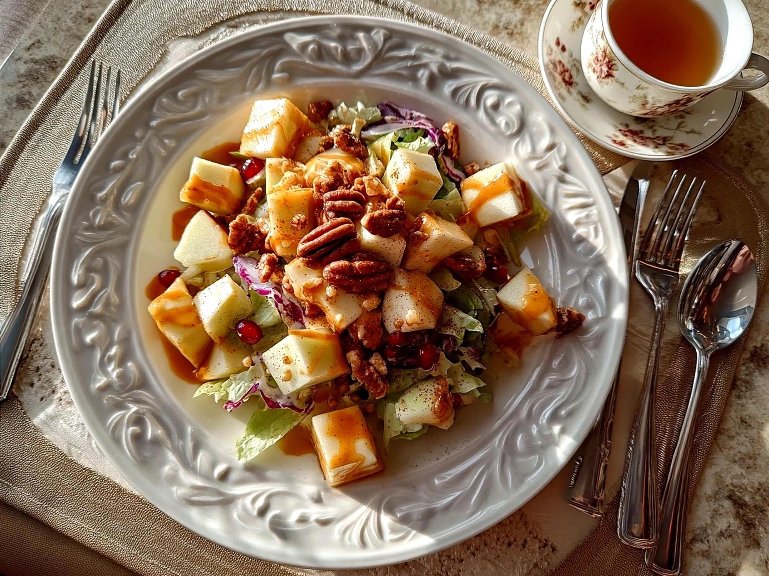 Delicious Snicker Apple Salad served chilled in a clear glass bowl