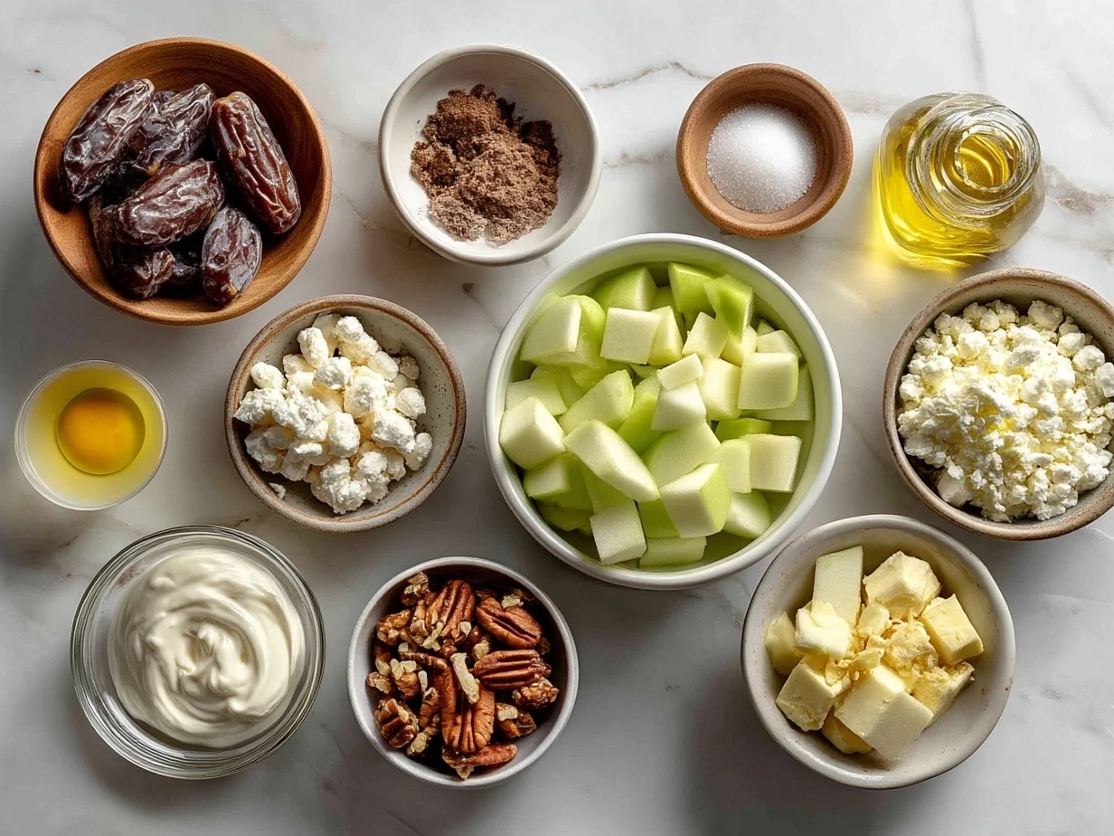 Ingredients for Snicker Apple Salad including apples, Snickers bars, marshmallows and nuts