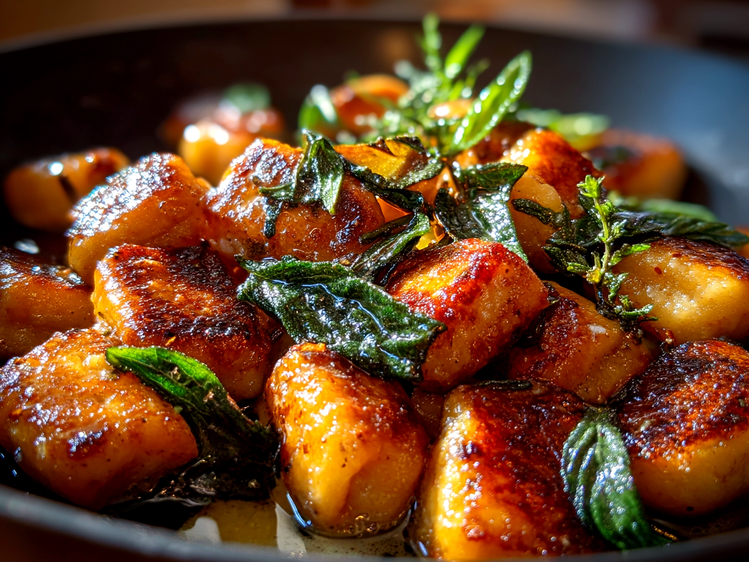 Sweet Potato Gnocchi with Sage Butter served in a bowl garnished with crispy sage leaves