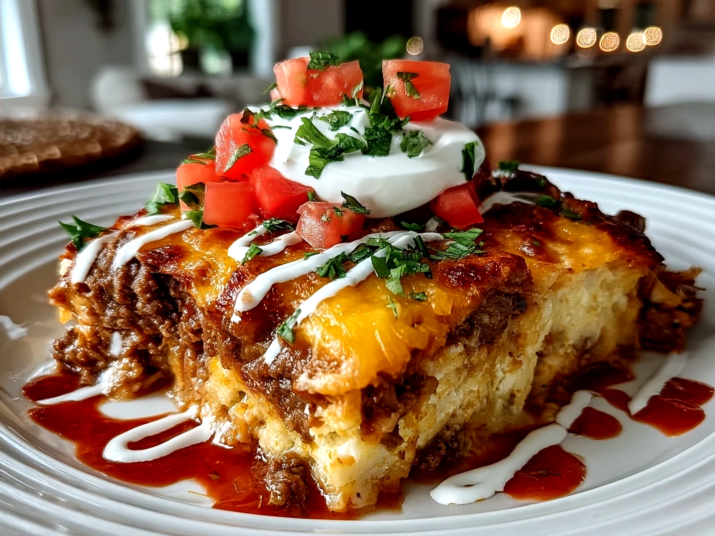 Finished cheesy Taco Casserole served warm with garnish