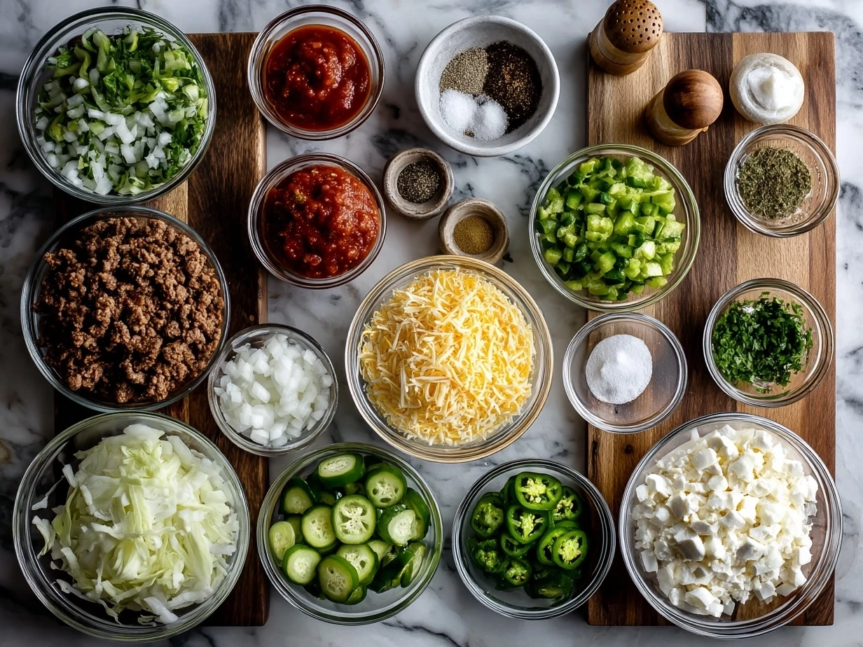 Ingredients for Taco Casserole include ground beef, cheese, beans, tomatoes, corn, and spices