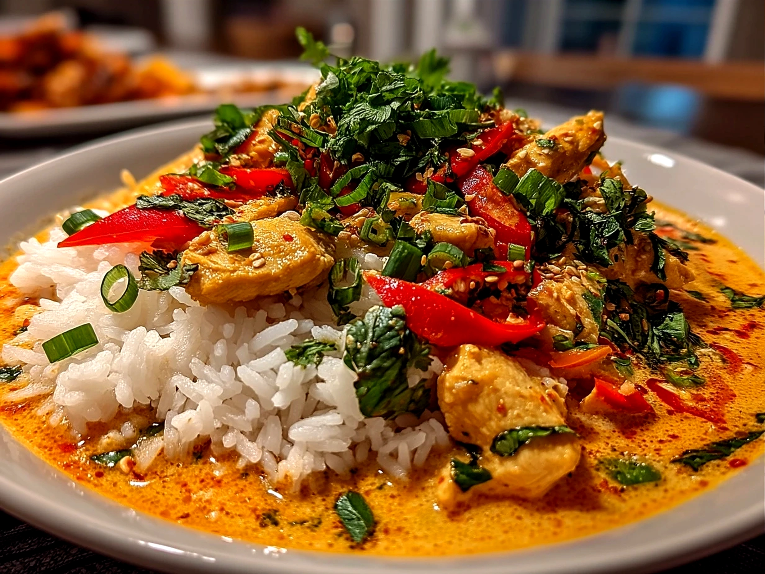 Served Thai Chicken Coconut Curry garnished with fresh Thai basil over jasmine rice