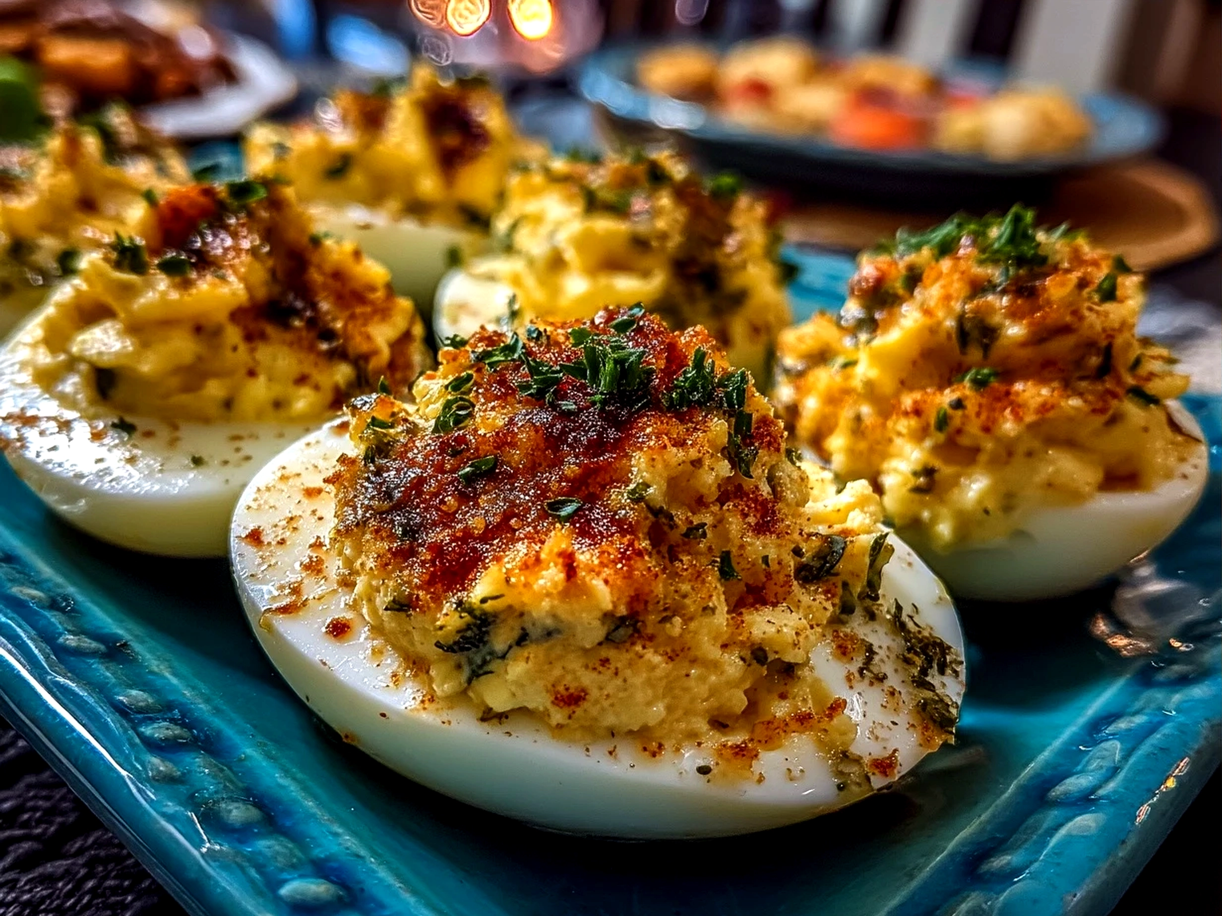 Platter of finished Thanksgiving Deviled Eggs garnished with paprika and pecans, ready for serving