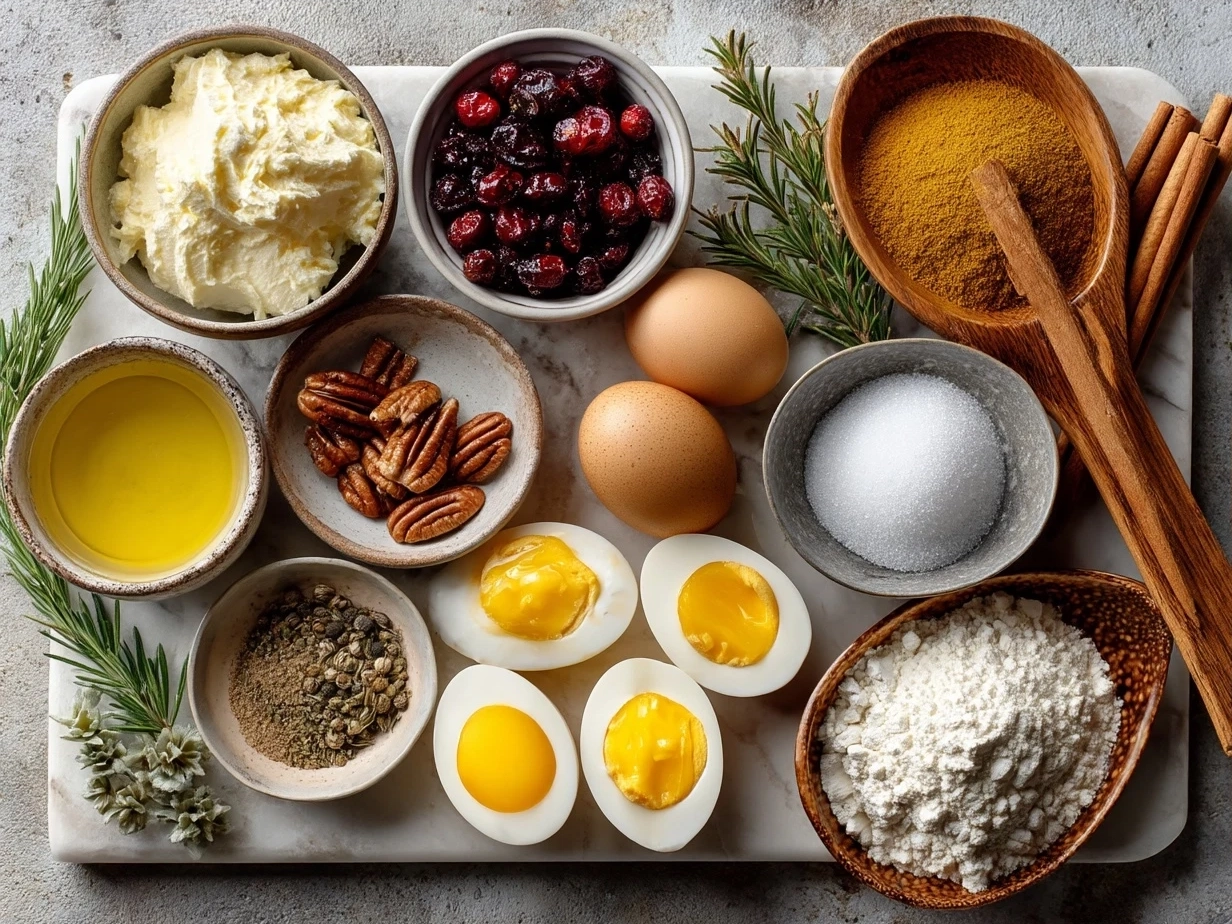 Ingredients for Thanksgiving Deviled Eggs including eggs, mayonnaise, mustard, apple cider vinegar, spices, and fresh sage