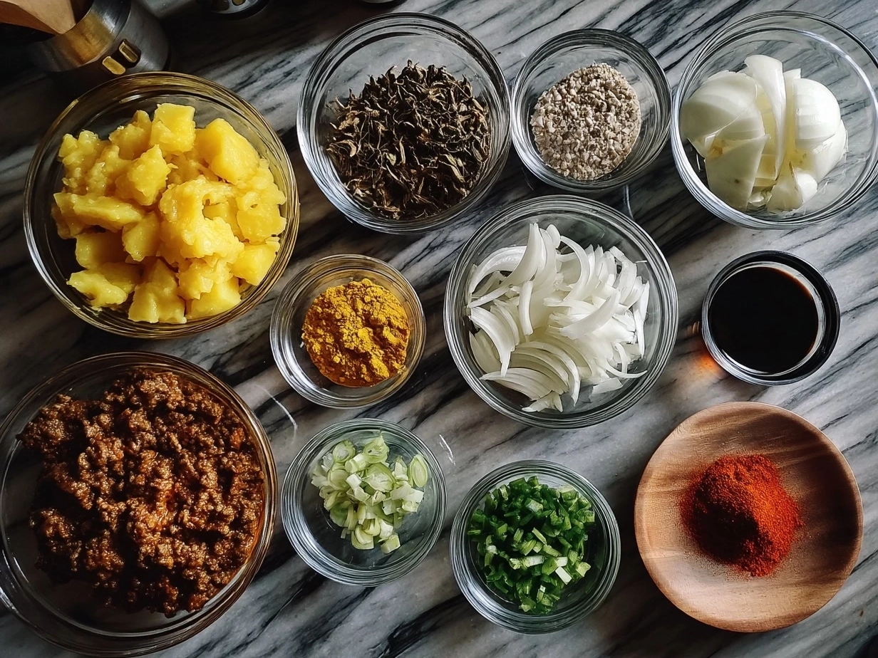 Top down view of raw ingredients for Aloo Keema Curry including minced meat, diced potatoes, spices, onions, and tomatoes