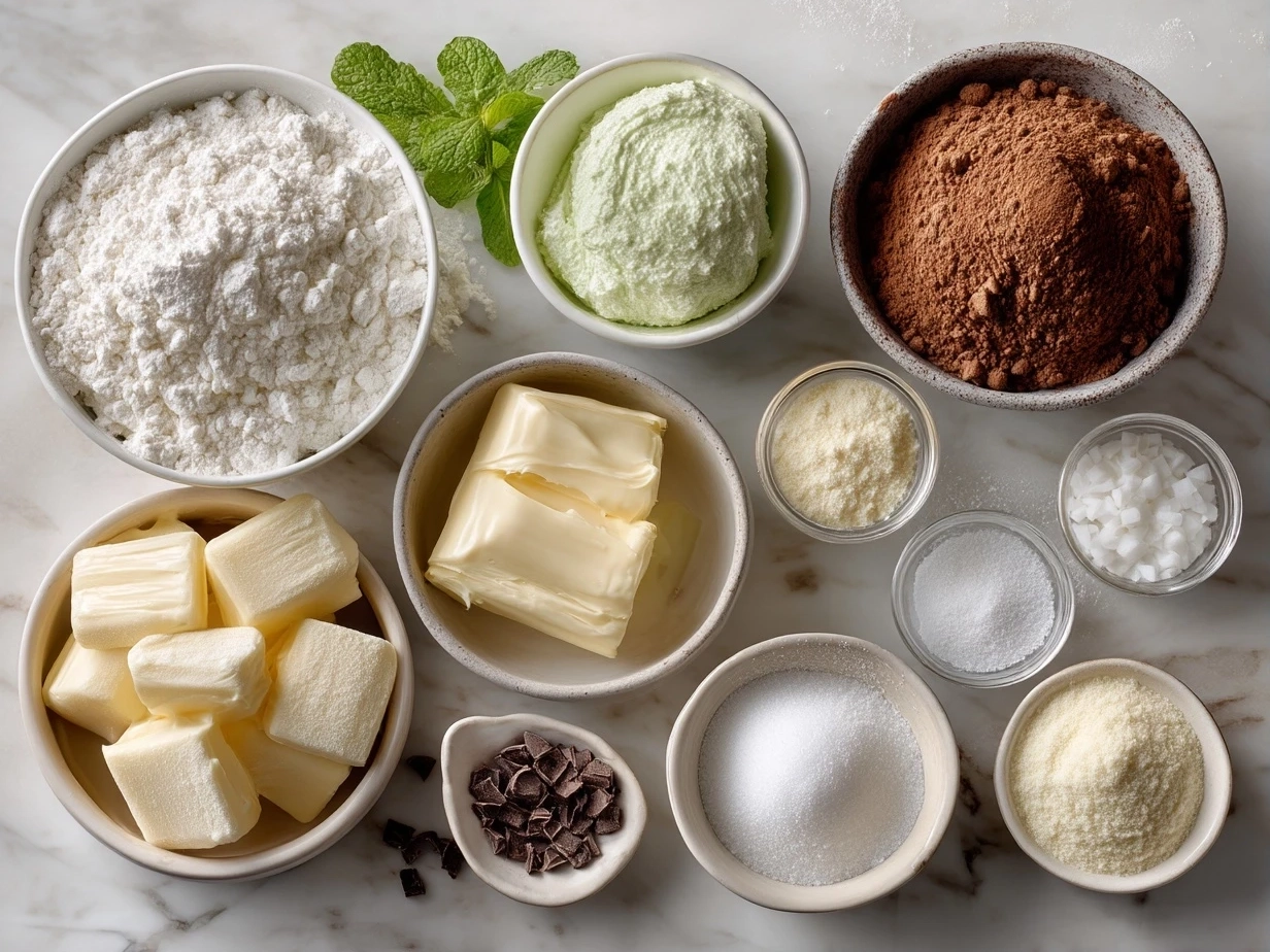 Top-down view of raw ingredients for Andes Mint Mini Cheesecakes on marble countertop showing organized mise en place