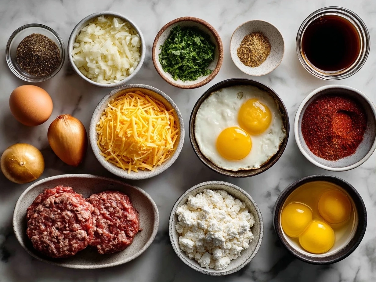 Top down view of raw ingredients for cheeseburger baked on marble surface
