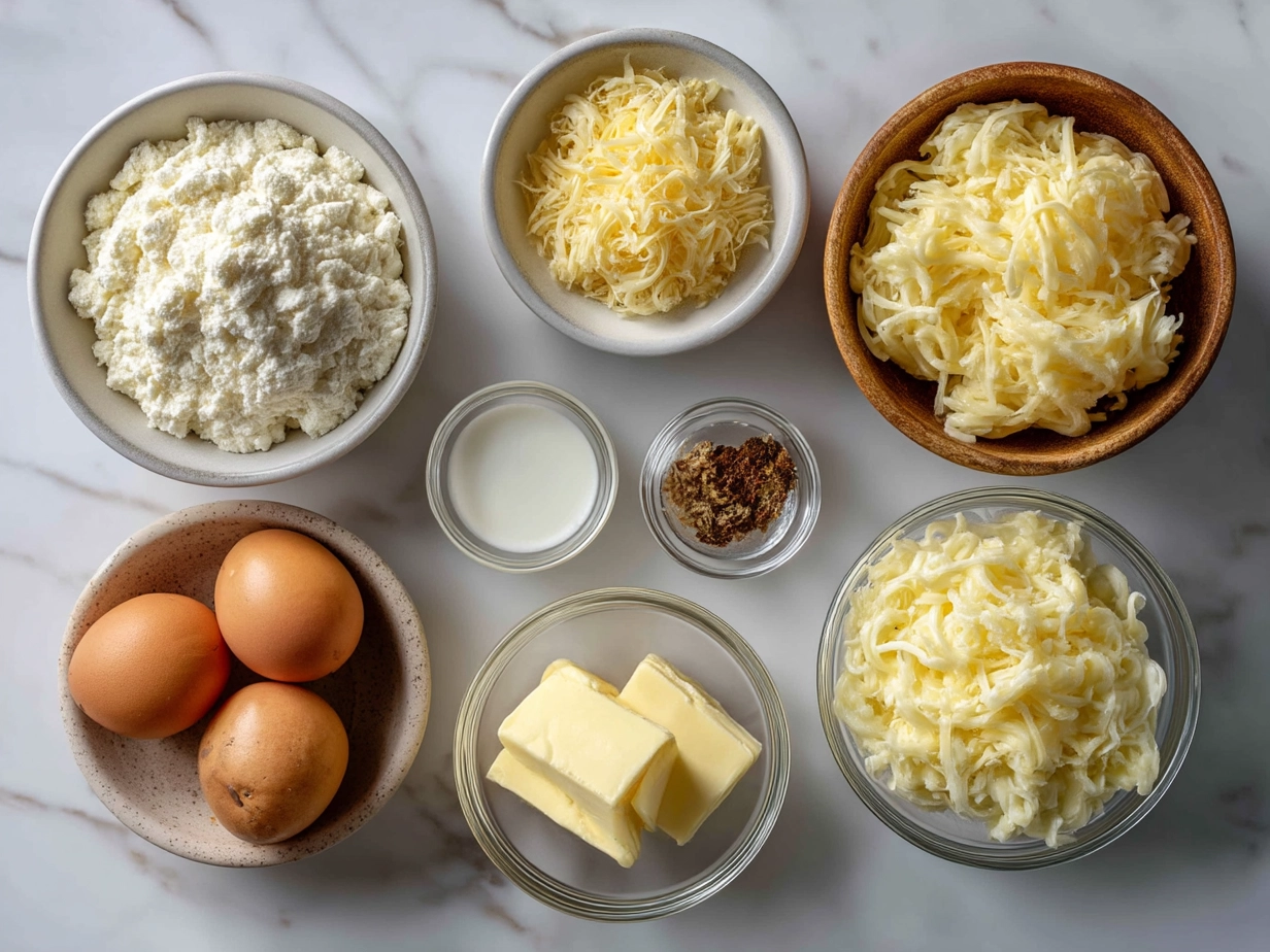 Ingredients for Cheesy Funeral Potatoes arranged on marble countertop