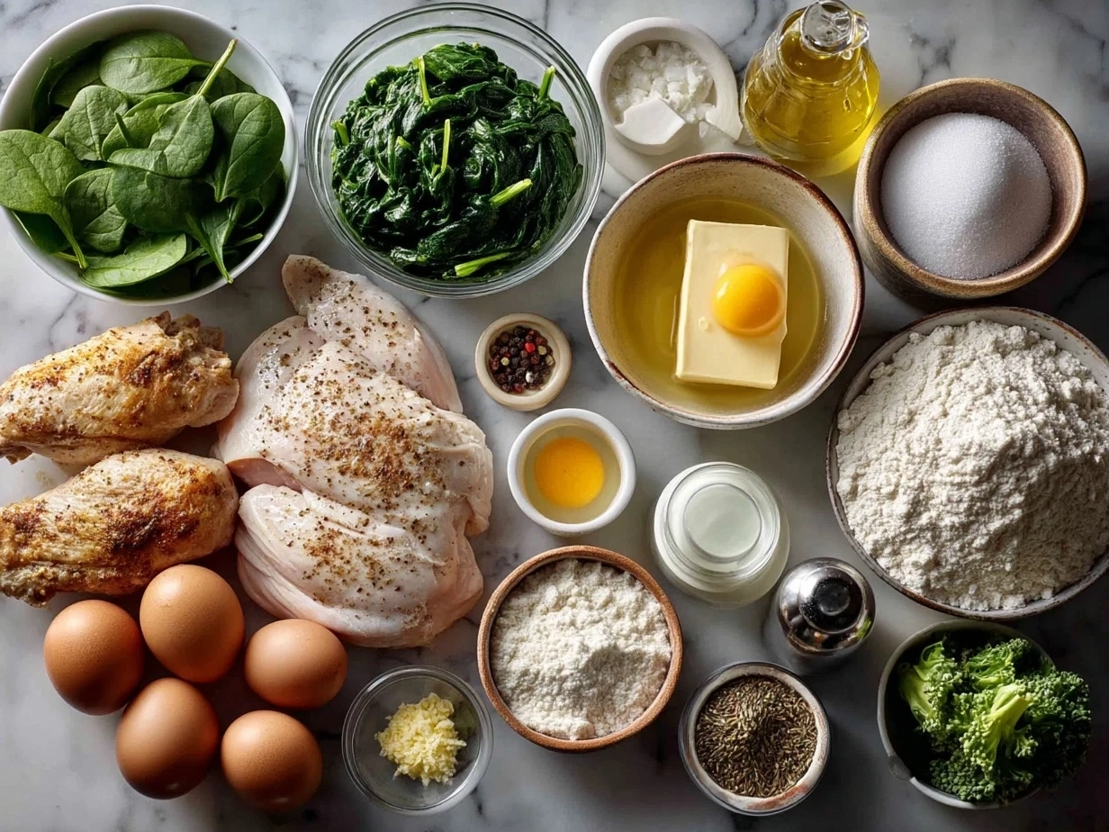 Top down view of raw ingredients for chicken and spinach casserole including chicken, cream cheese, spinach, and cheese