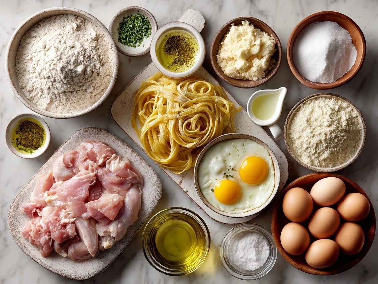 Top-down view of raw ingredients for Chicken Carbonara on marble surface