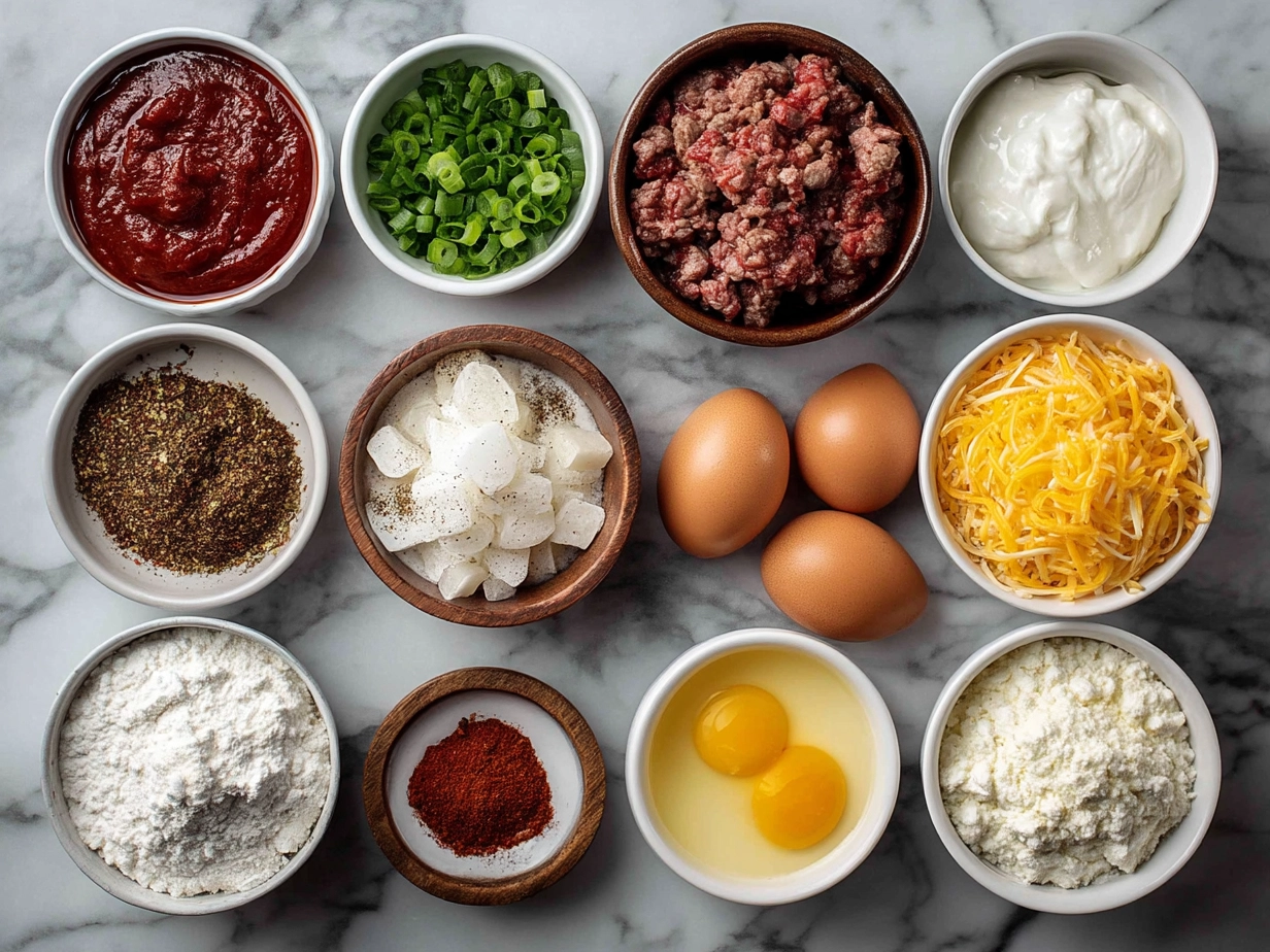 Top down view of raw ingredients for ground beef enchiladas on marble surface in a modern kitchen, organized mise en place