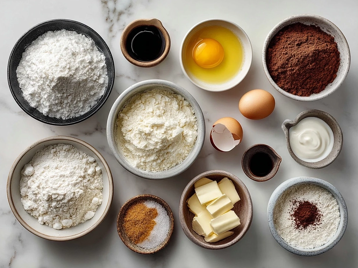 Top down view of raw ingredients for Italian Bomboloni Cream Donuts on marble surface