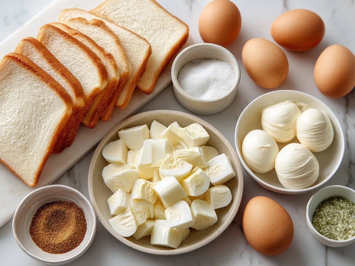 Top down view of raw ingredients for Japanese Egg Sandwich on marble countertop with modern kitchen mise en place