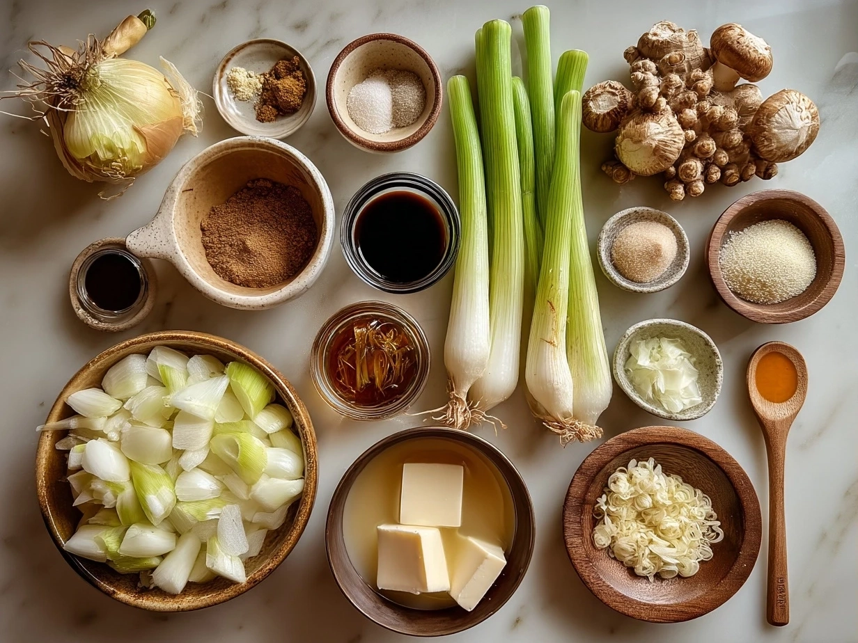Top down raw ingredients for Japanese Onion Soup on marble surface