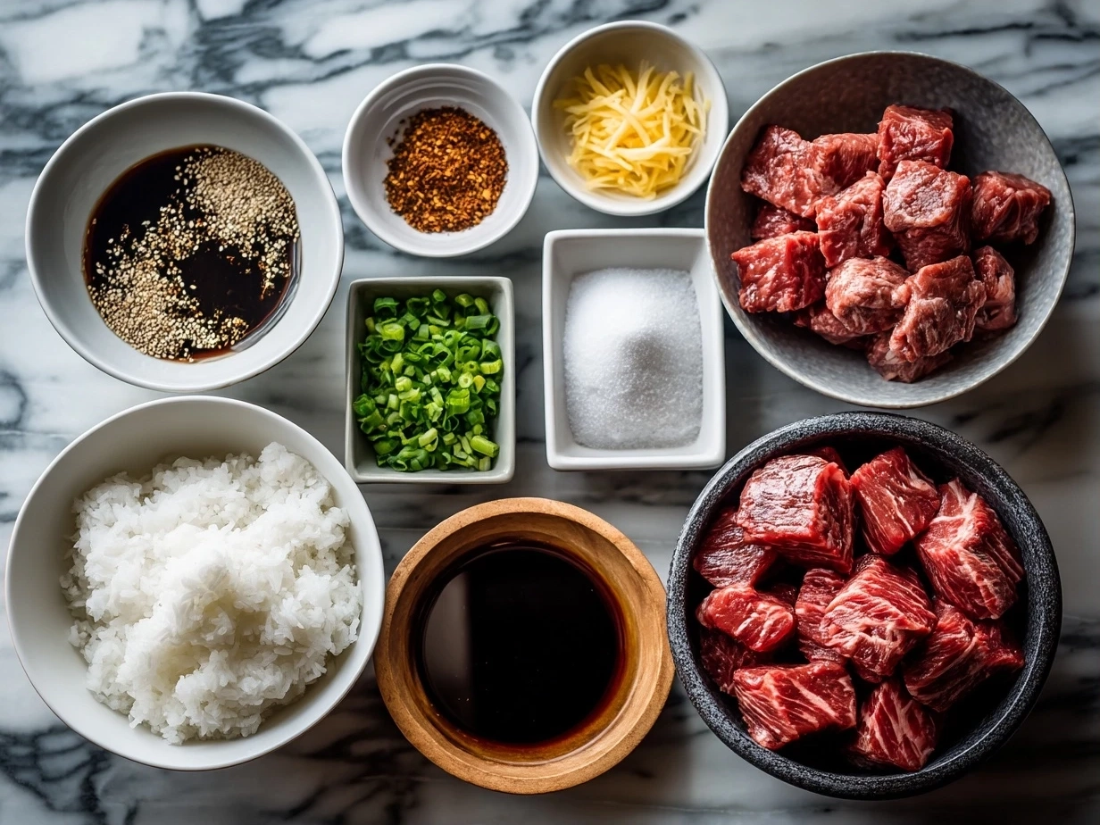 Top down view of raw ingredients for Korean BBQ Beef on a marble surface