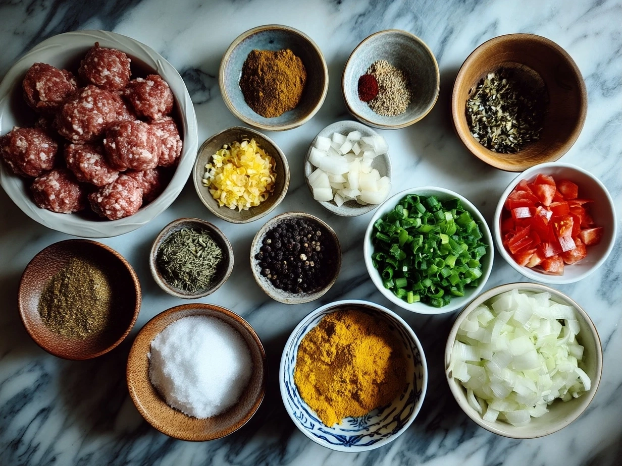 Top down view of raw ingredients for Mongolian Meatballs including ground beef, soy sauce, brown sugar, and seasonings