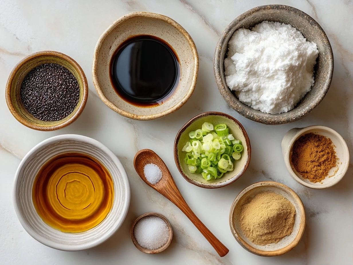 Top down view of raw ingredients for teriyaki sauce on marble surface