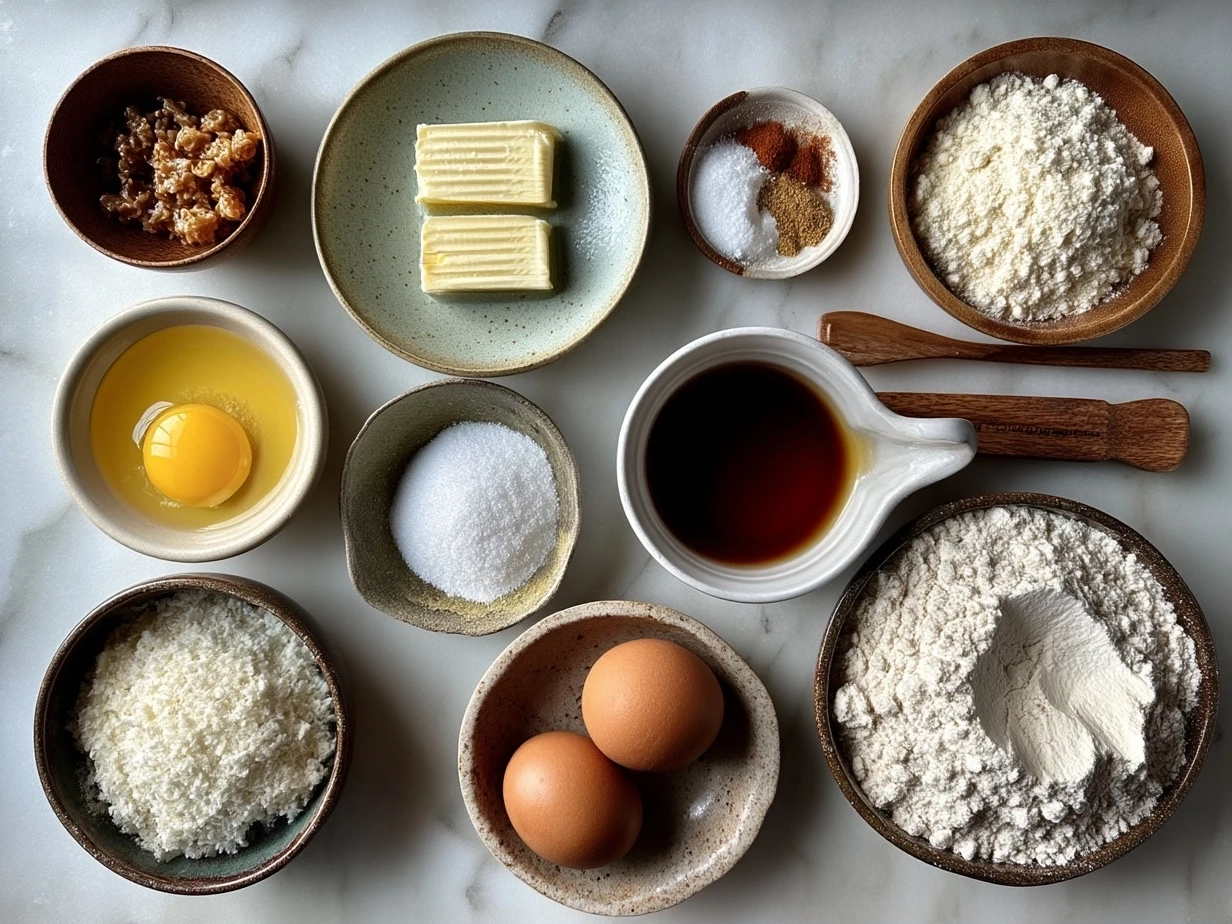 Top down view of raw ingredients for Toffee Crunch Cupcakes laid out on a table