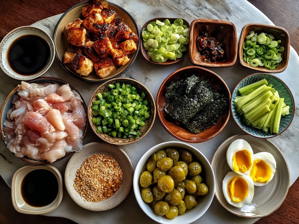 Raw ingredients for Japanese Yakitori Grilled Chicken arranged on white marble