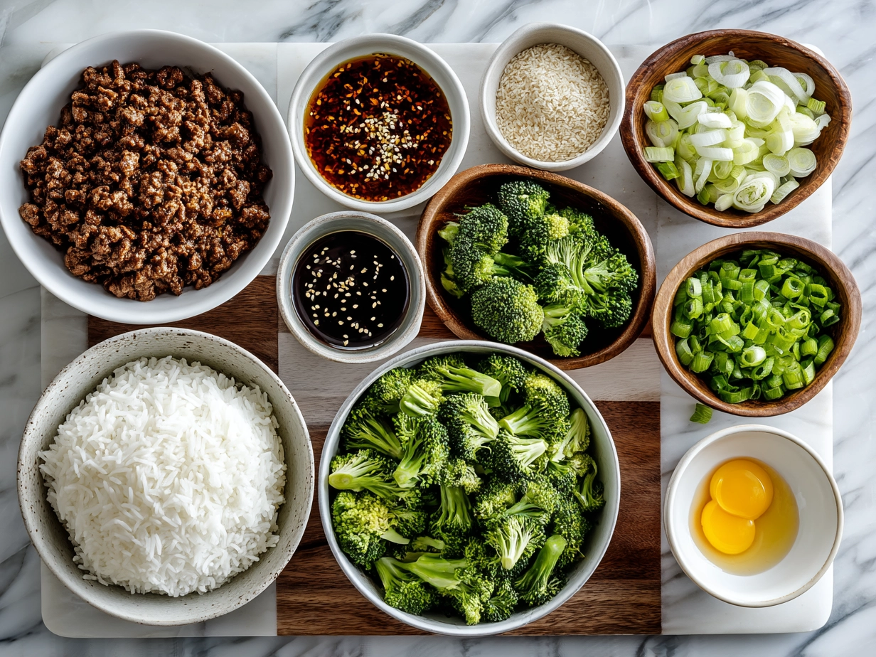 Top down view of raw ingredients for Honey Garlic Ground Beef and broccoli stir-fry